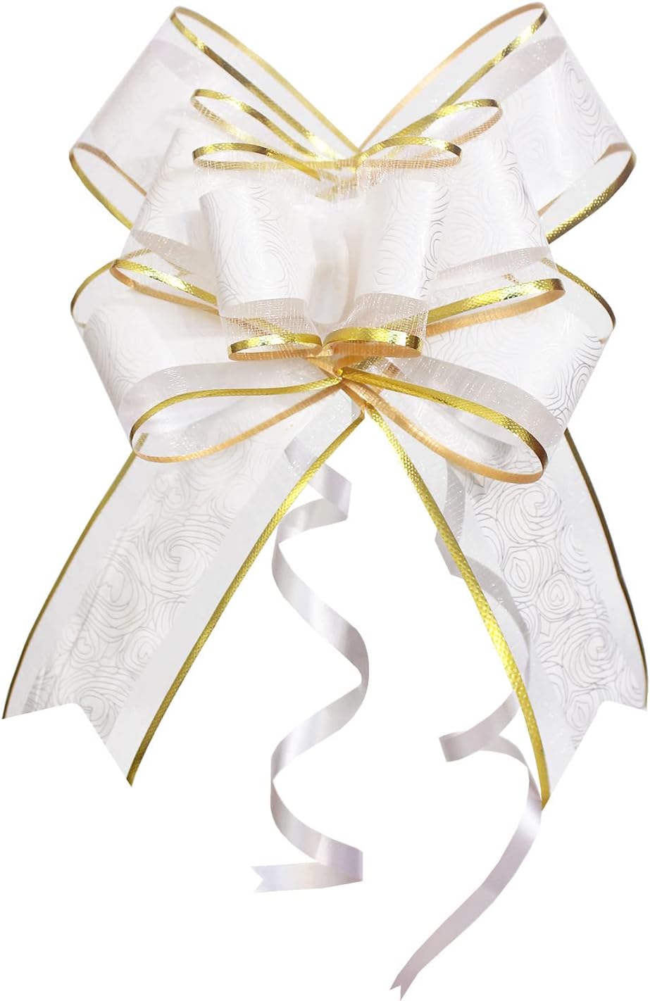Pull Bows for Gift Wrapping, 15 PCS Large Gift Bow Bulk for Presents Package, Gift Baskets, Christmas, Wedding, and Party Decor White with Tulle & Gold line, 6 inches