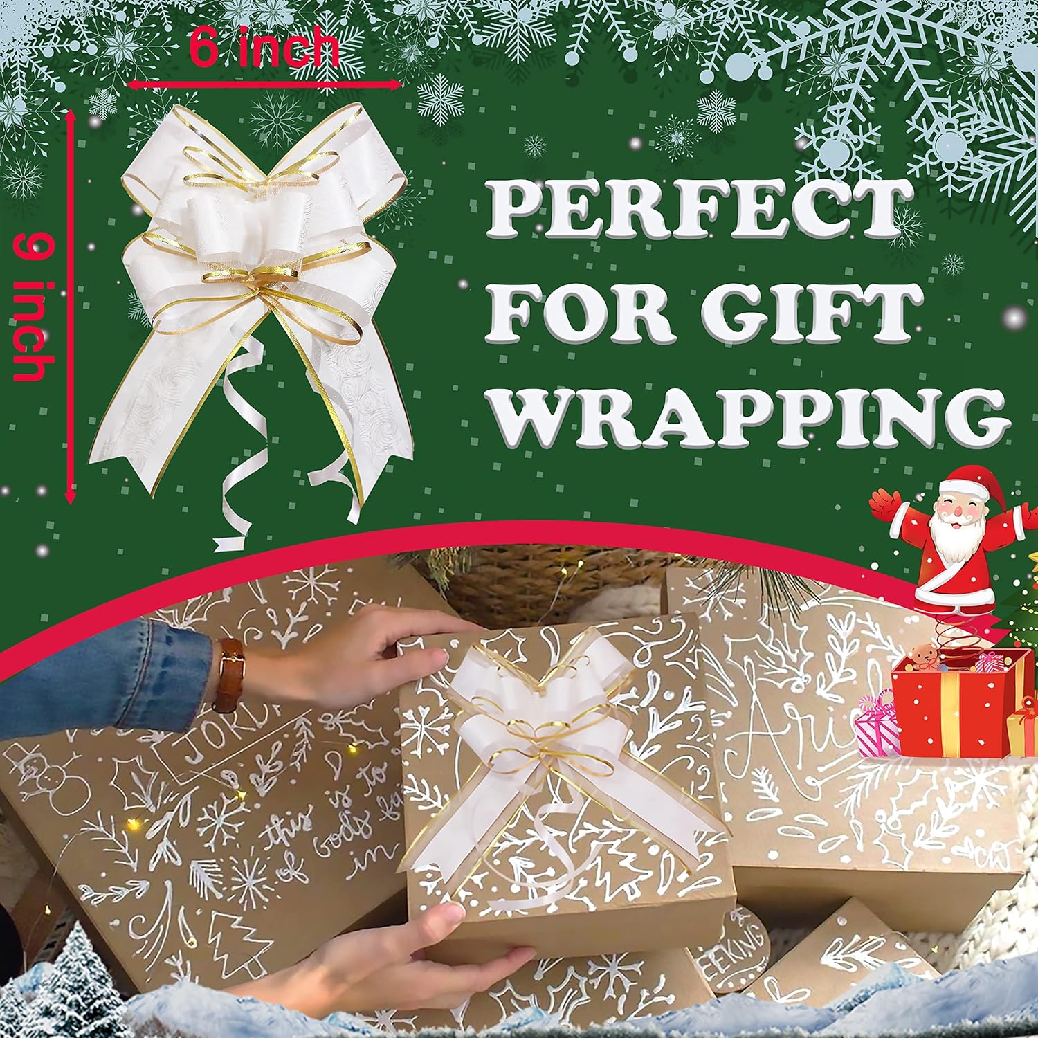 Pull Bows for Gift Wrapping, 15 PCS Large Gift Bow Bulk for Presents Package, Gift Baskets, Christmas, Wedding, and Party Decor White with Tulle & Gold line, 6 inches