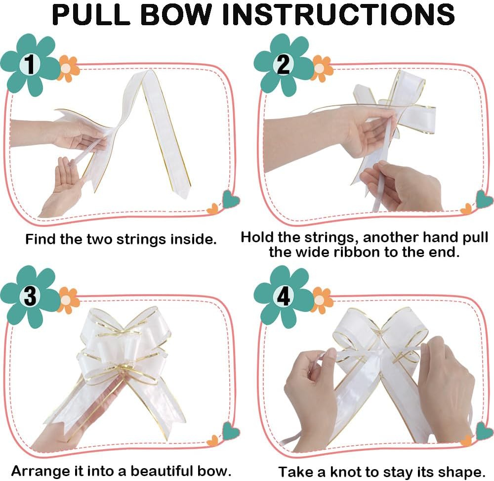 Pull Bows for Gift Wrapping, 15 PCS Large Gift Bow Bulk for Presents Package, Gift Baskets, Christmas, Wedding, and Party Decor White with Tulle & Gold line, 6 inches
