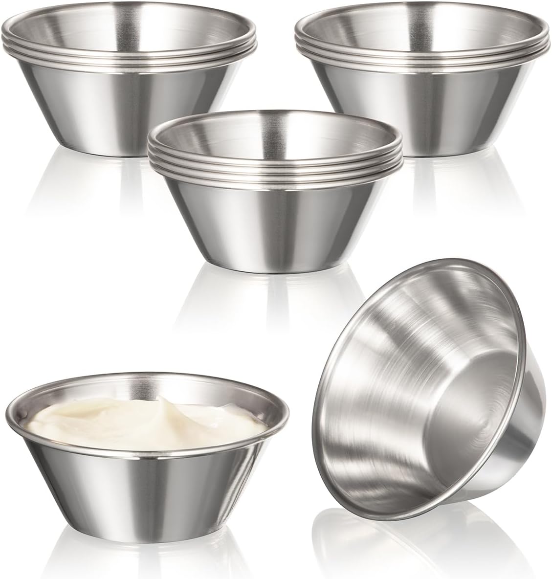 12 Pack 1.5 oz Stainless Steel Dipping Sauce Cups, Reusable Metal Ramekins, Commercial Grade Condiment Bowls, Individual Portion Cups, Small Round Au Jus for Home, Restaurant
