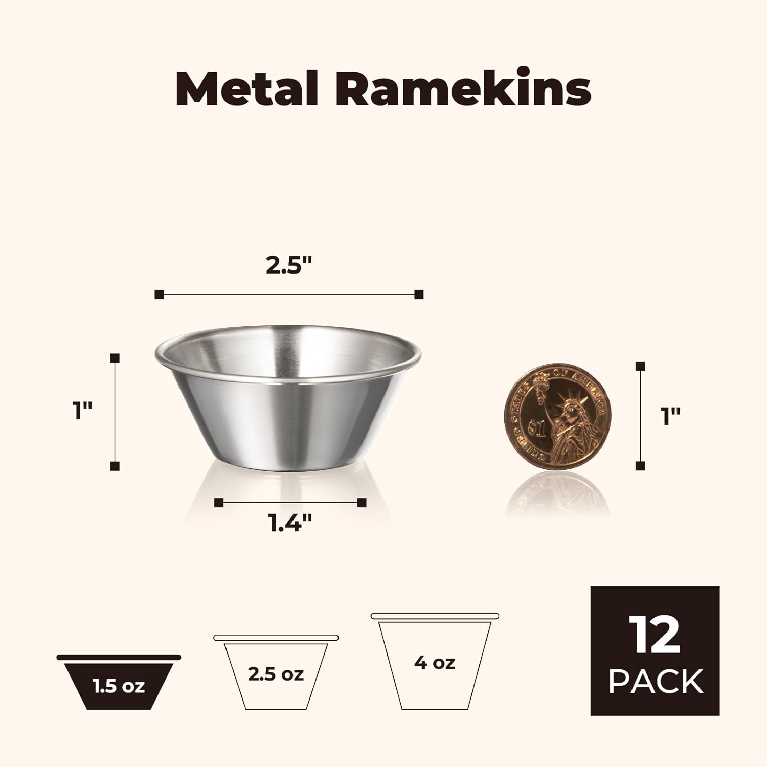 12 Pack 1.5 oz Stainless Steel Dipping Sauce Cups, Reusable Metal Ramekins, Commercial Grade Condiment Bowls, Individual Portion Cups, Small Round Au Jus for Home, Restaurant