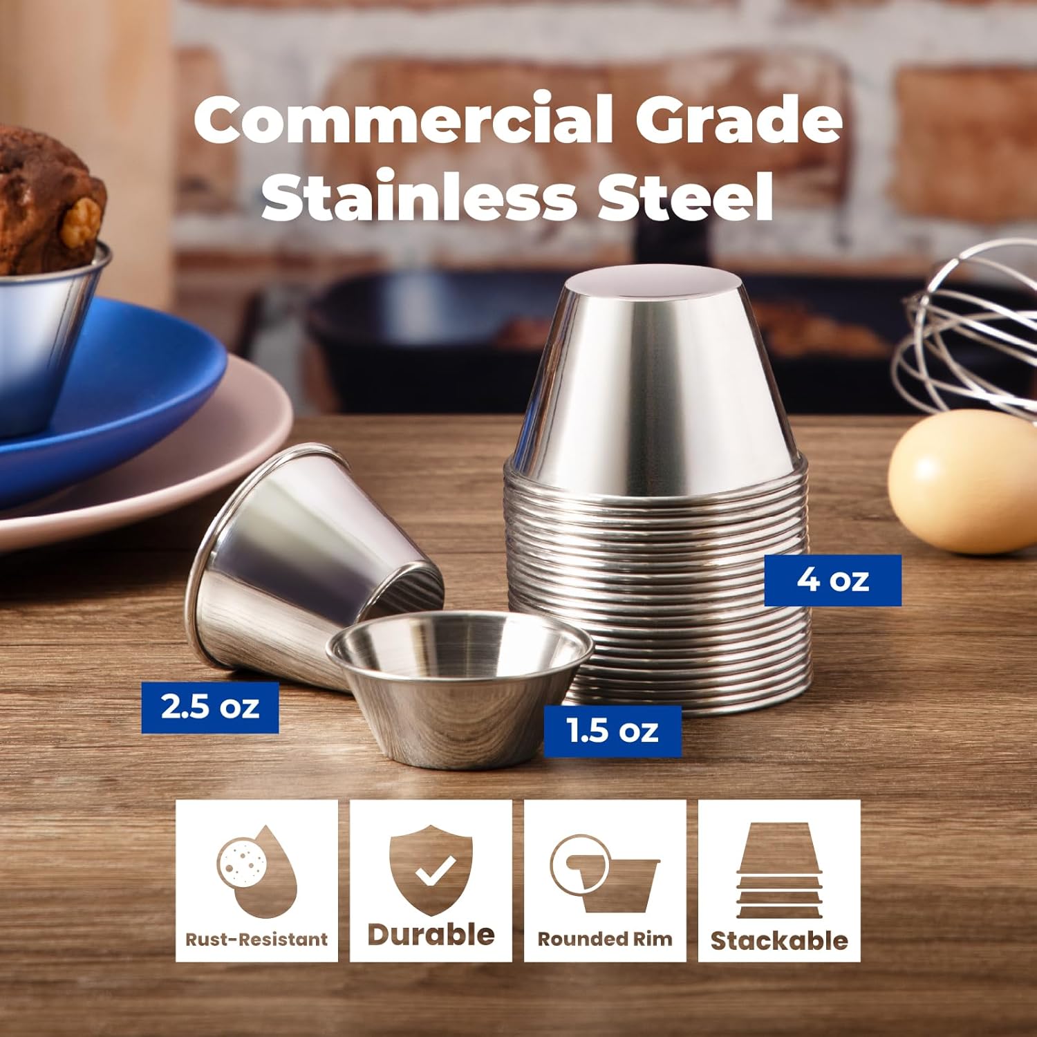 12 Pack 1.5 oz Stainless Steel Dipping Sauce Cups, Reusable Metal Ramekins, Commercial Grade Condiment Bowls, Individual Portion Cups, Small Round Au Jus for Home, Restaurant