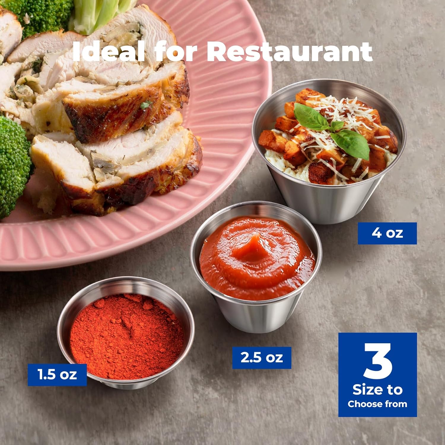 12 Pack 1.5 oz Stainless Steel Dipping Sauce Cups, Reusable Metal Ramekins, Commercial Grade Condiment Bowls, Individual Portion Cups, Small Round Au Jus for Home, Restaurant