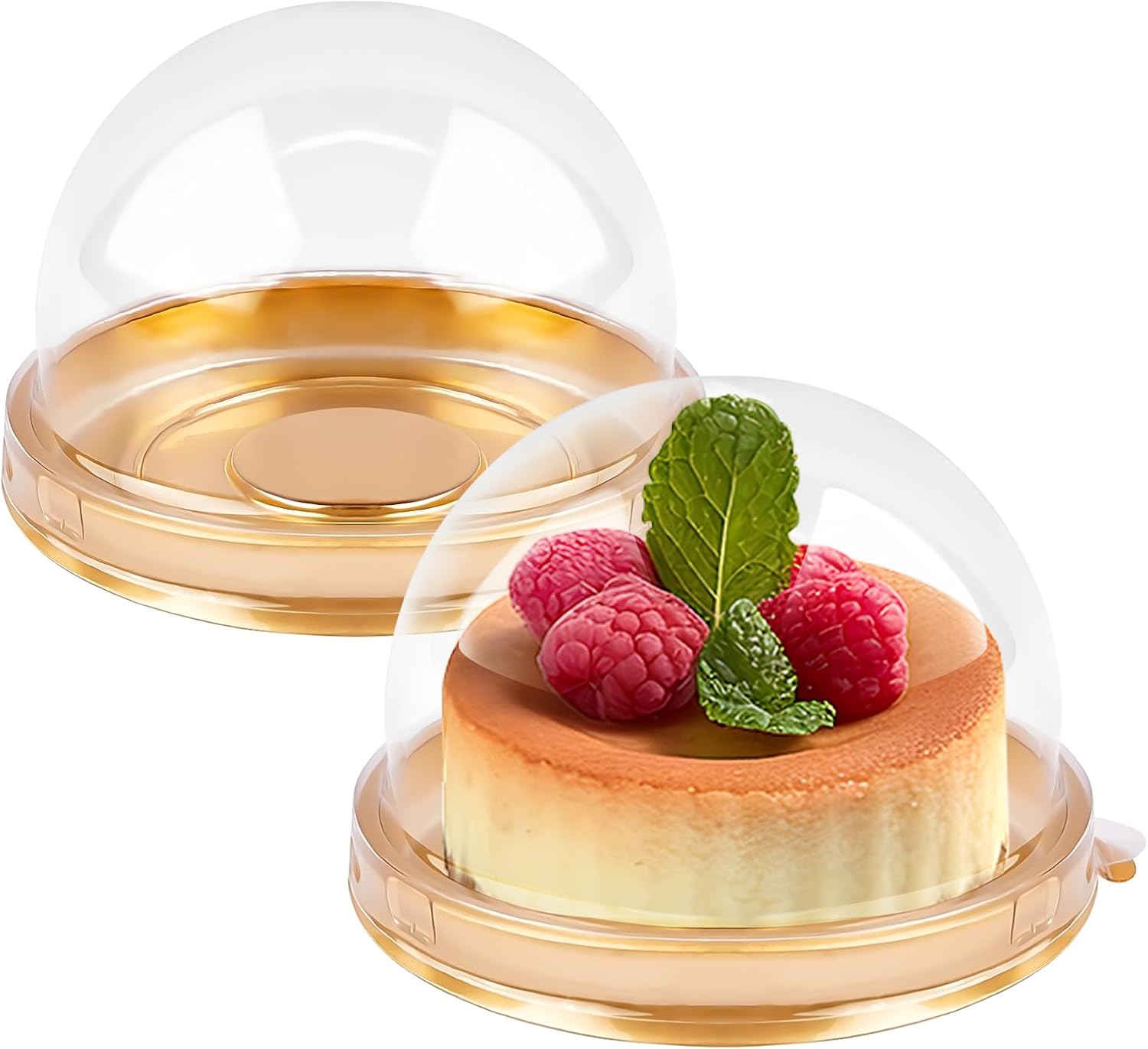 50 Pack Mini Cake Containers, Clear Plastic Small Cupcake Boxes with Dome Lids for Individual Chocolate Covered Cookies, Strawberry, Mooncake Gold