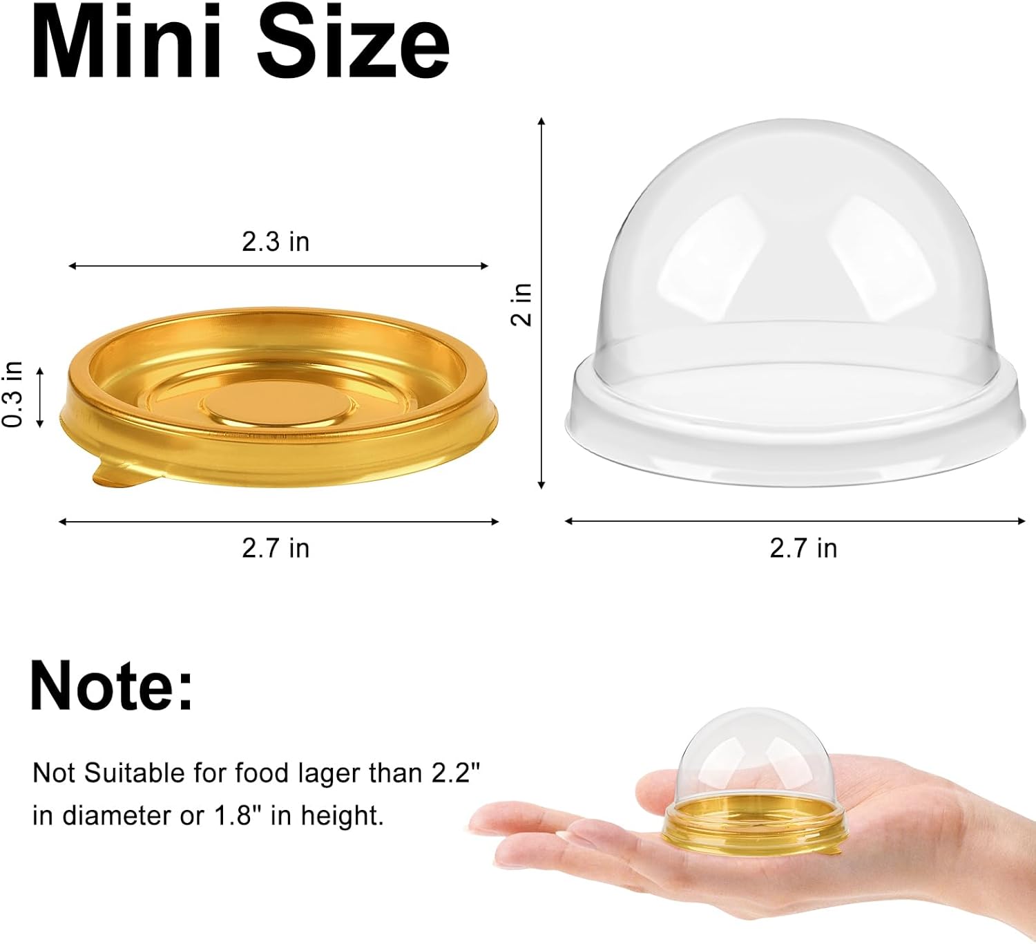 50 Pack Mini Cake Containers, Clear Plastic Small Cupcake Boxes with Dome Lids for Individual Chocolate Covered Cookies, Strawberry, Mooncake Gold