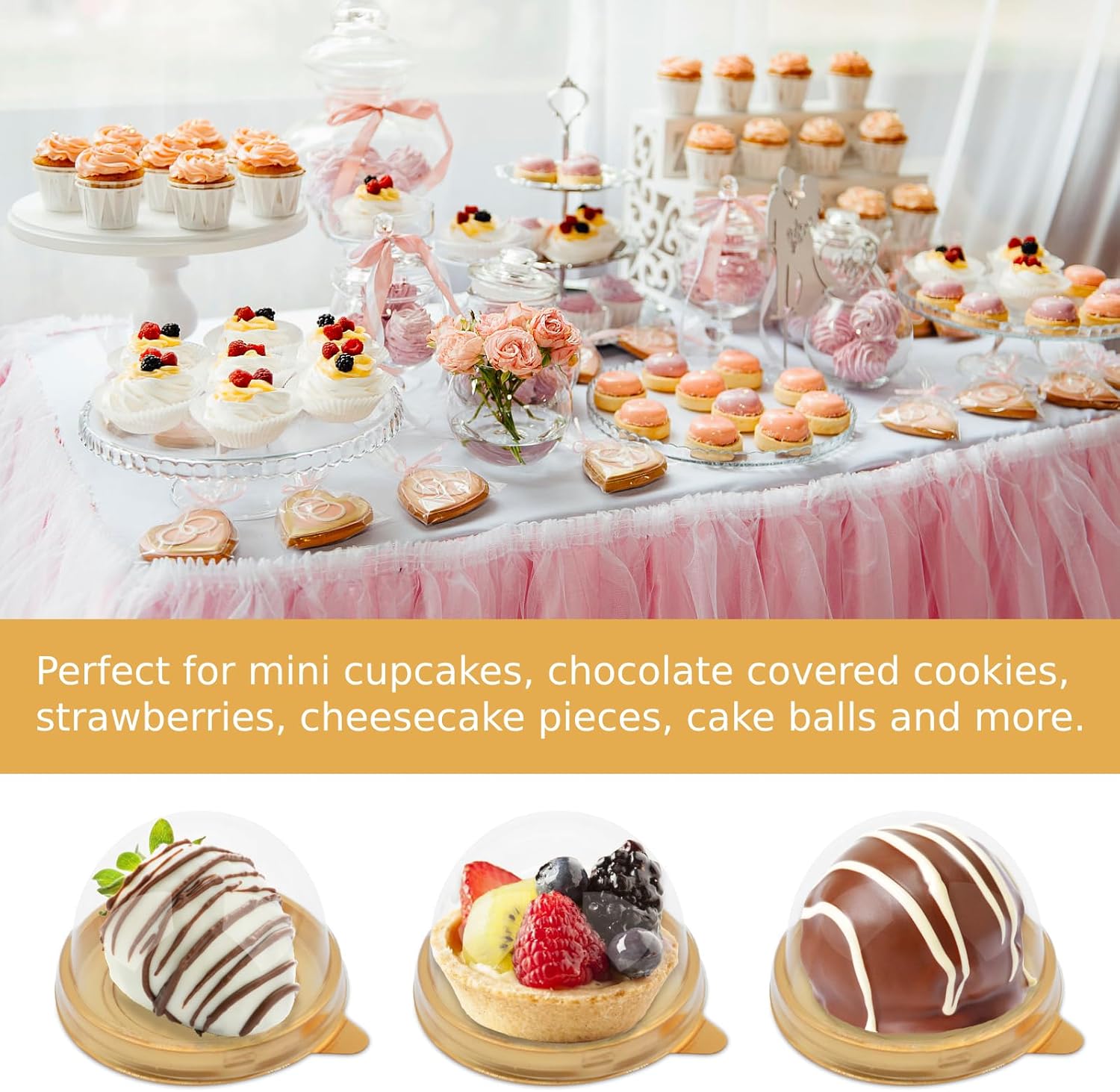 50 Pack Mini Cake Containers, Clear Plastic Small Cupcake Boxes with Dome Lids for Individual Chocolate Covered Cookies, Strawberry, Mooncake Gold