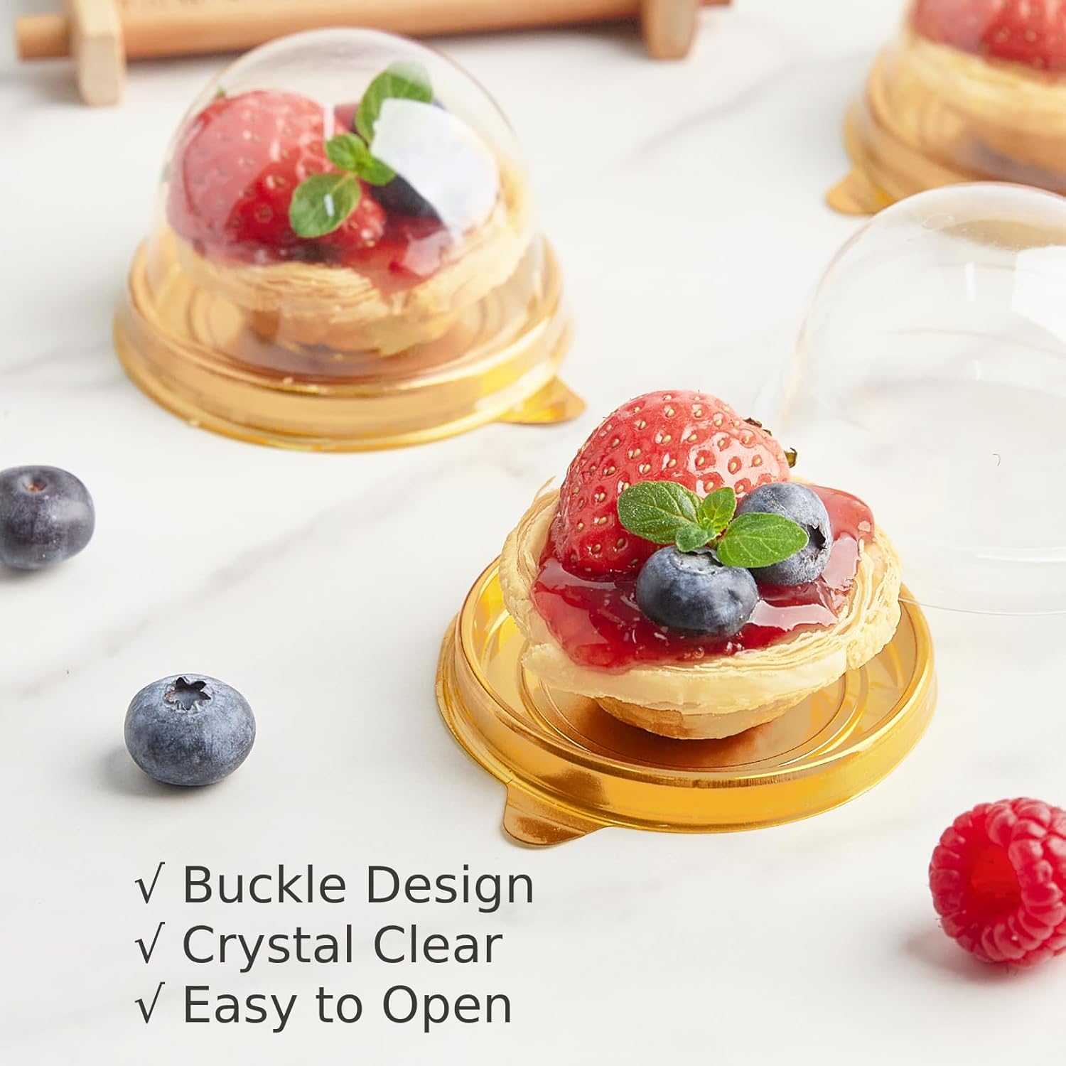 50 Pack Mini Cake Containers, Clear Plastic Small Cupcake Boxes with Dome Lids for Individual Chocolate Covered Cookies, Strawberry, Mooncake Gold