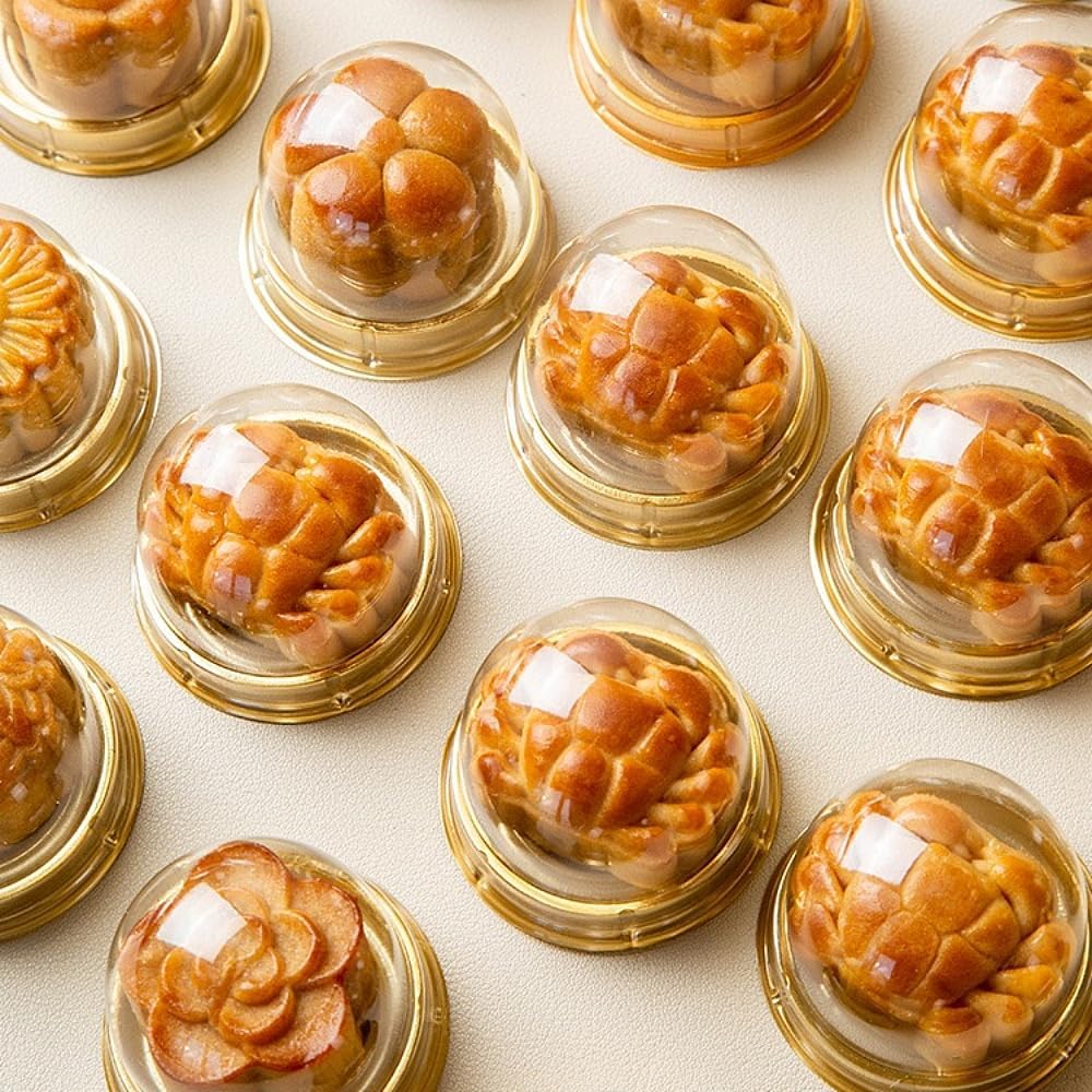 50 Pack Mini Cake Containers, Clear Plastic Small Cupcake Boxes with Dome Lids for Individual Chocolate Covered Cookies, Strawberry, Mooncake Gold