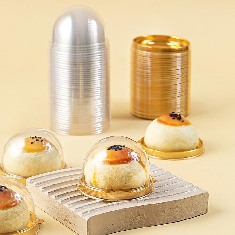 50 Pack Mini Cake Containers, Clear Plastic Small Cupcake Boxes with Dome Lids for Individual Chocolate Covered Cookies, Strawberry, Mooncake Gold