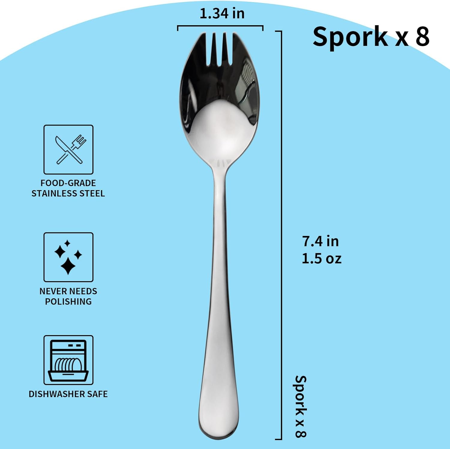 Sporks, 8-Pack Food-grade Stainless Steel Sporks, 7.4 Inches Long Handle Salad Forks For Dessert, Ice Cream, Salad, Soup, Noodle, Spaghetti, Dishwasher Safe