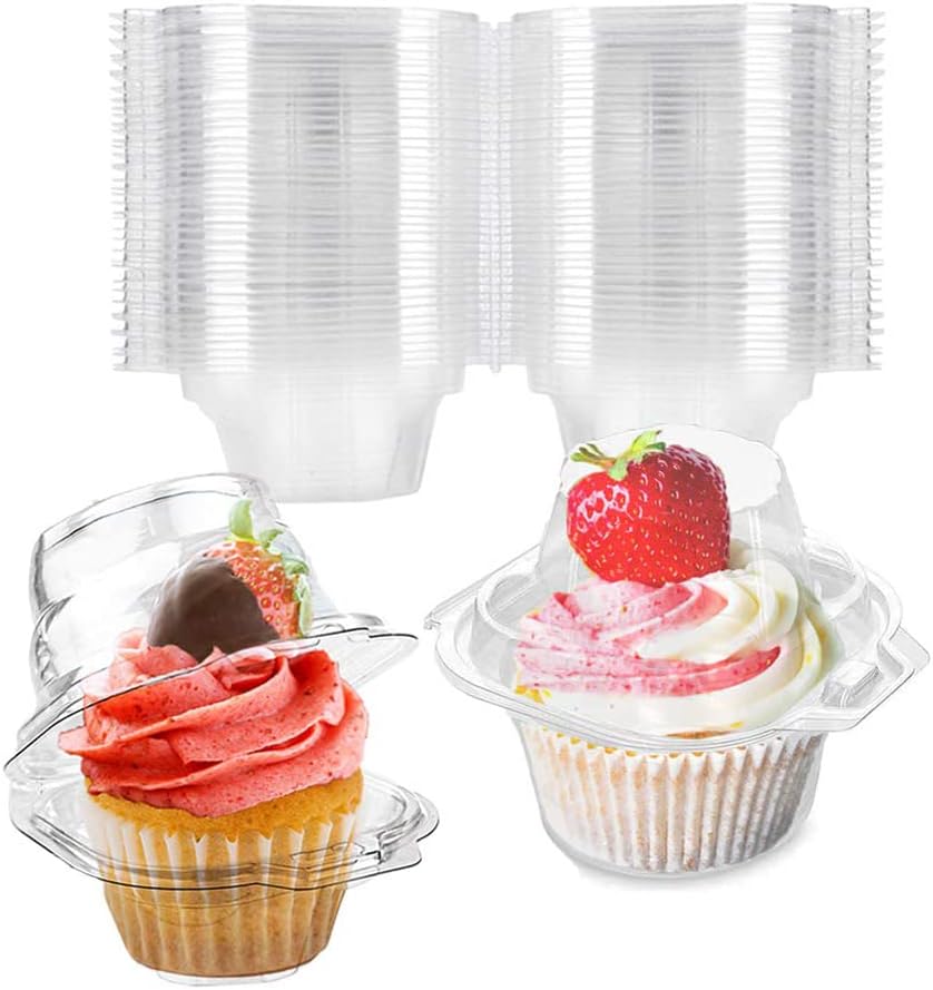 50 Pcs Cupcake Boxes Plastic Individual Cupcake Containers Single Cupcake Carrier with Connected Airtight Dome Lid for Party