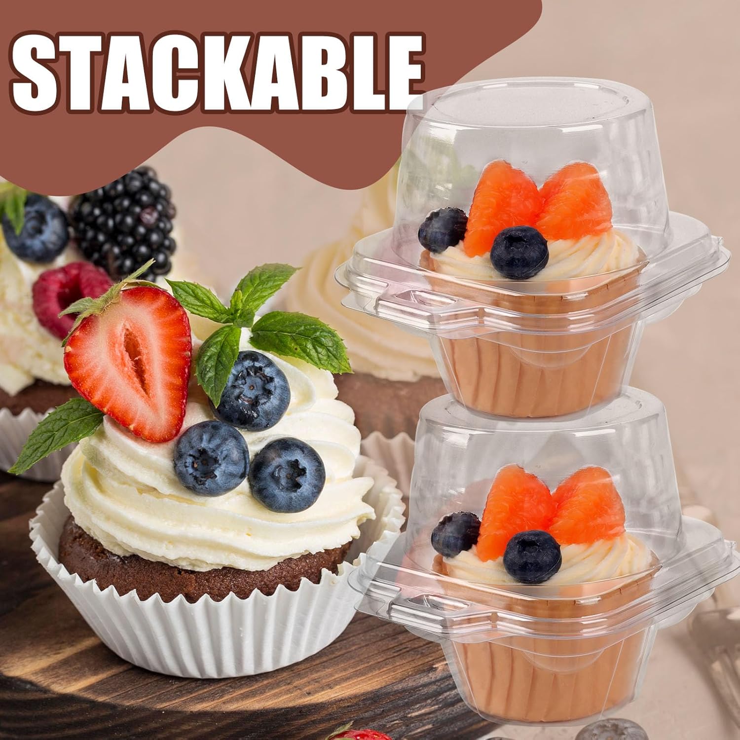 50 Pcs Cupcake Boxes Plastic Individual Cupcake Containers Single Cupcake Carrier with Connected Airtight Dome Lid for Party