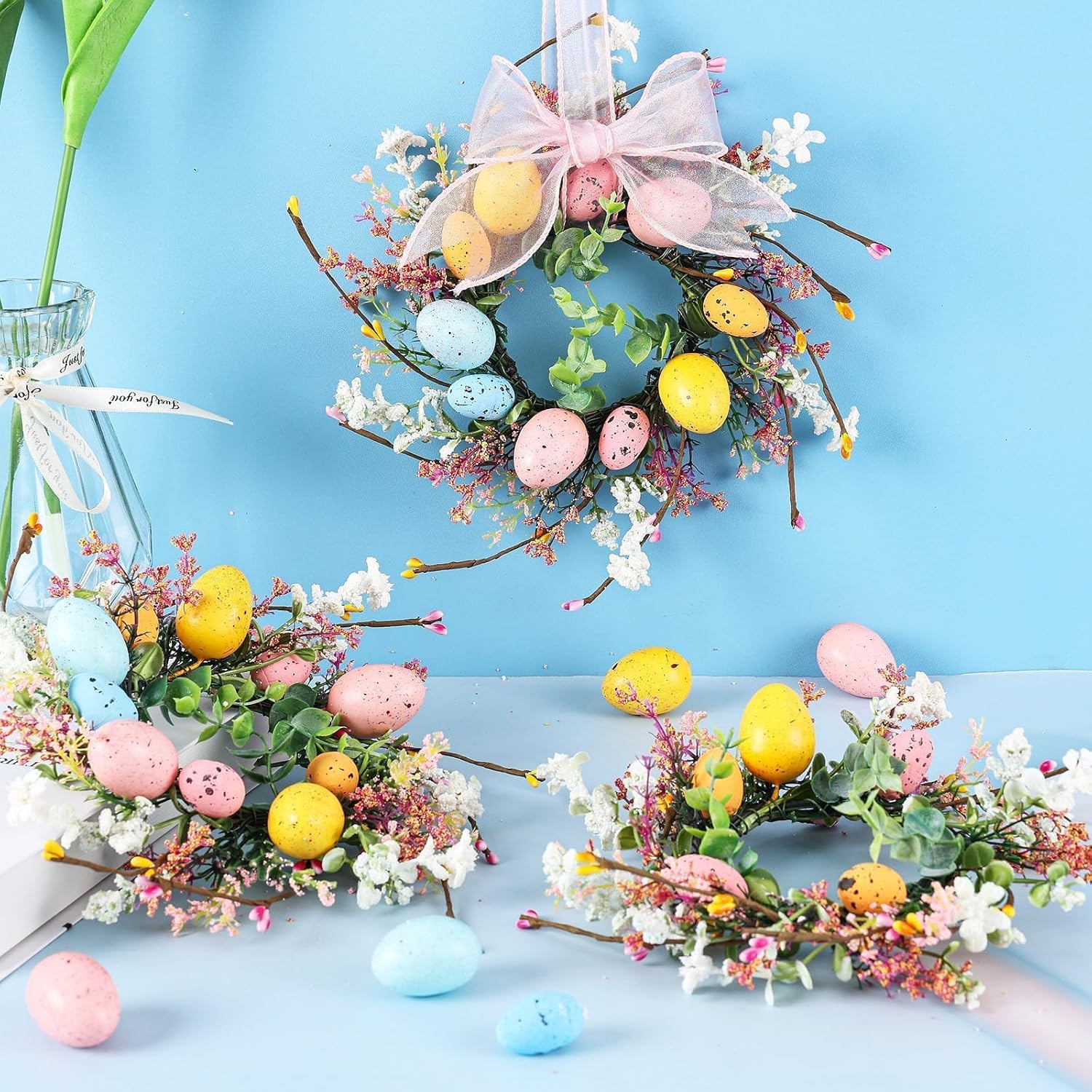 6 Pcs Easter Egg Candle Rings Wreaths Mini Artificial Spring Easter Egg Berry Wreath for Front Door Hanging Kitchen Cabinet Wreath with Ribbon for Porch Wall Window Farmhouse Decor