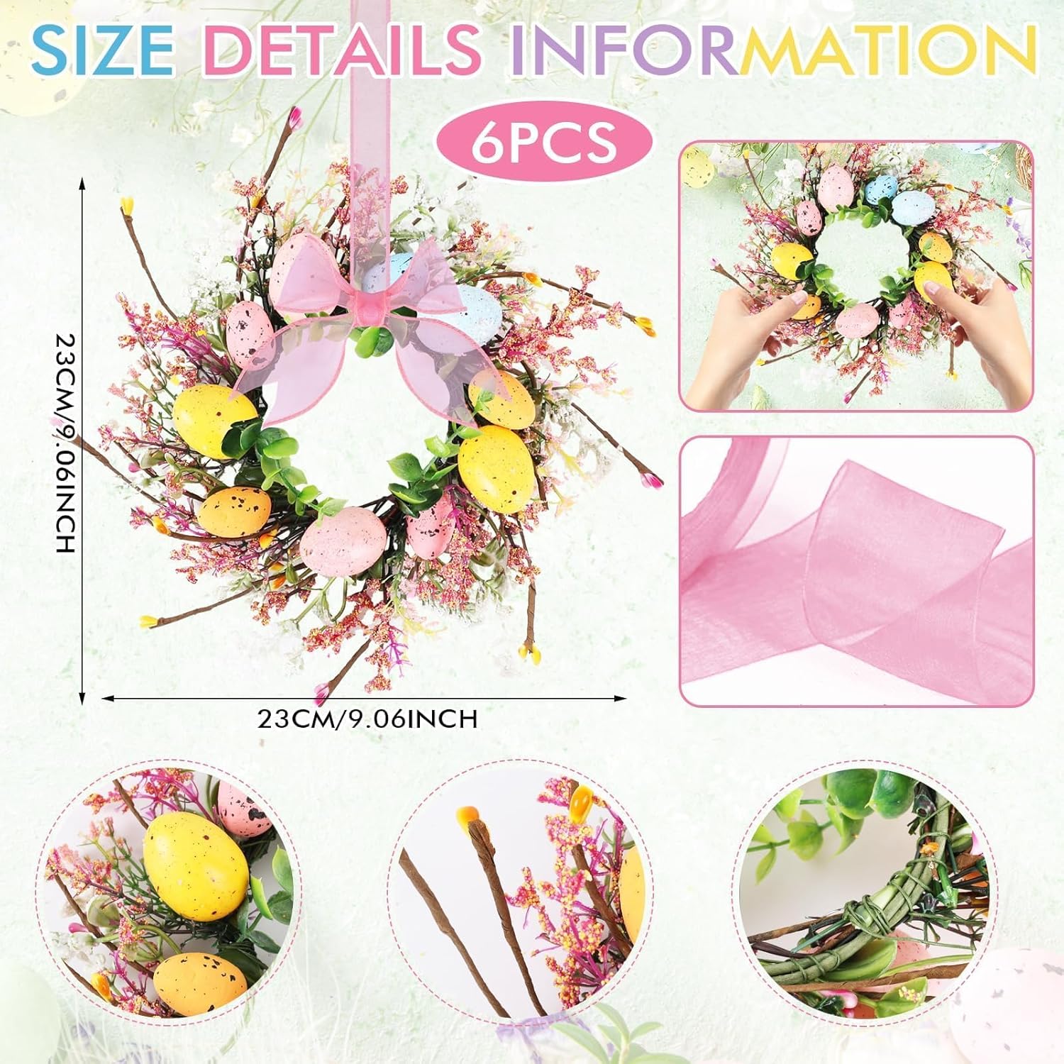 6 Pcs Easter Egg Candle Rings Wreaths Mini Artificial Spring Easter Egg Berry Wreath for Front Door Hanging Kitchen Cabinet Wreath with Ribbon for Porch Wall Window Farmhouse Decor