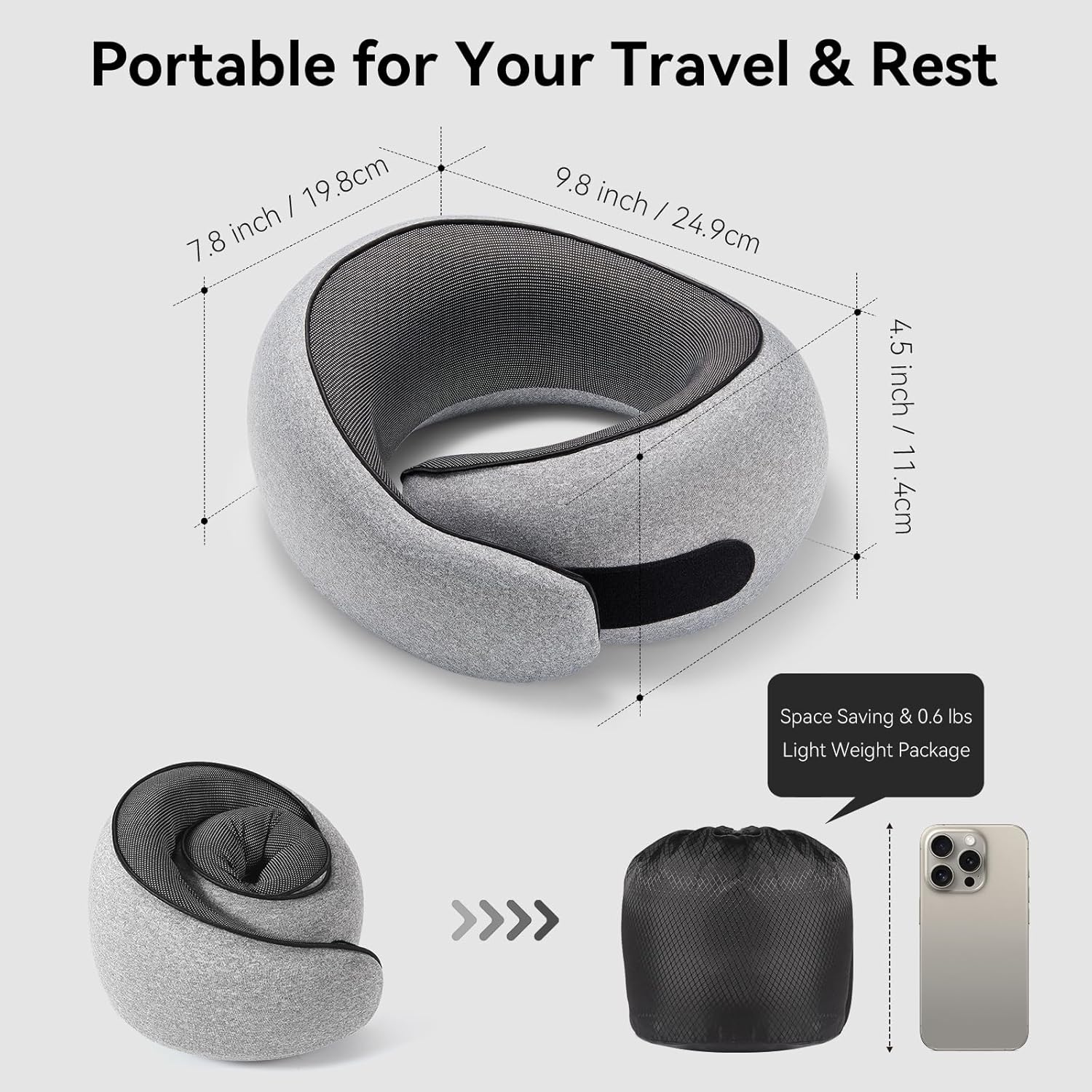 Travel Pillow, 100% Pure Memory Foam Neck Pillow for Airplanes, Comfortable Breathable Cover, Travel Essentials for Plane, Car, Train and Home, Gray