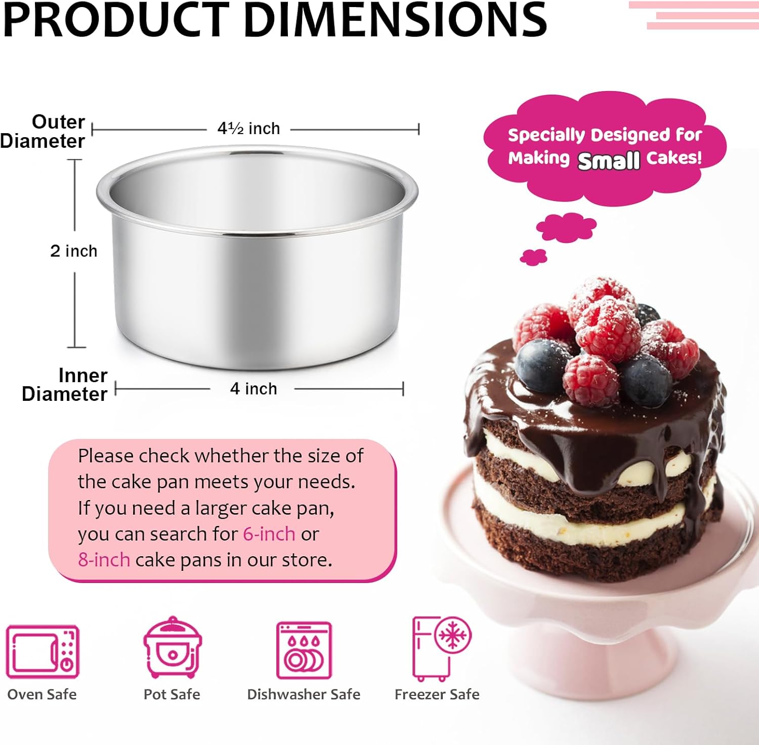 4 Inch Small Cake Pan Set of 3, Stainless Steel Mini Round Smash Cake Baking Pans, Non-Toxic & Healthy, Mirror Finish & Dishwasher Safe