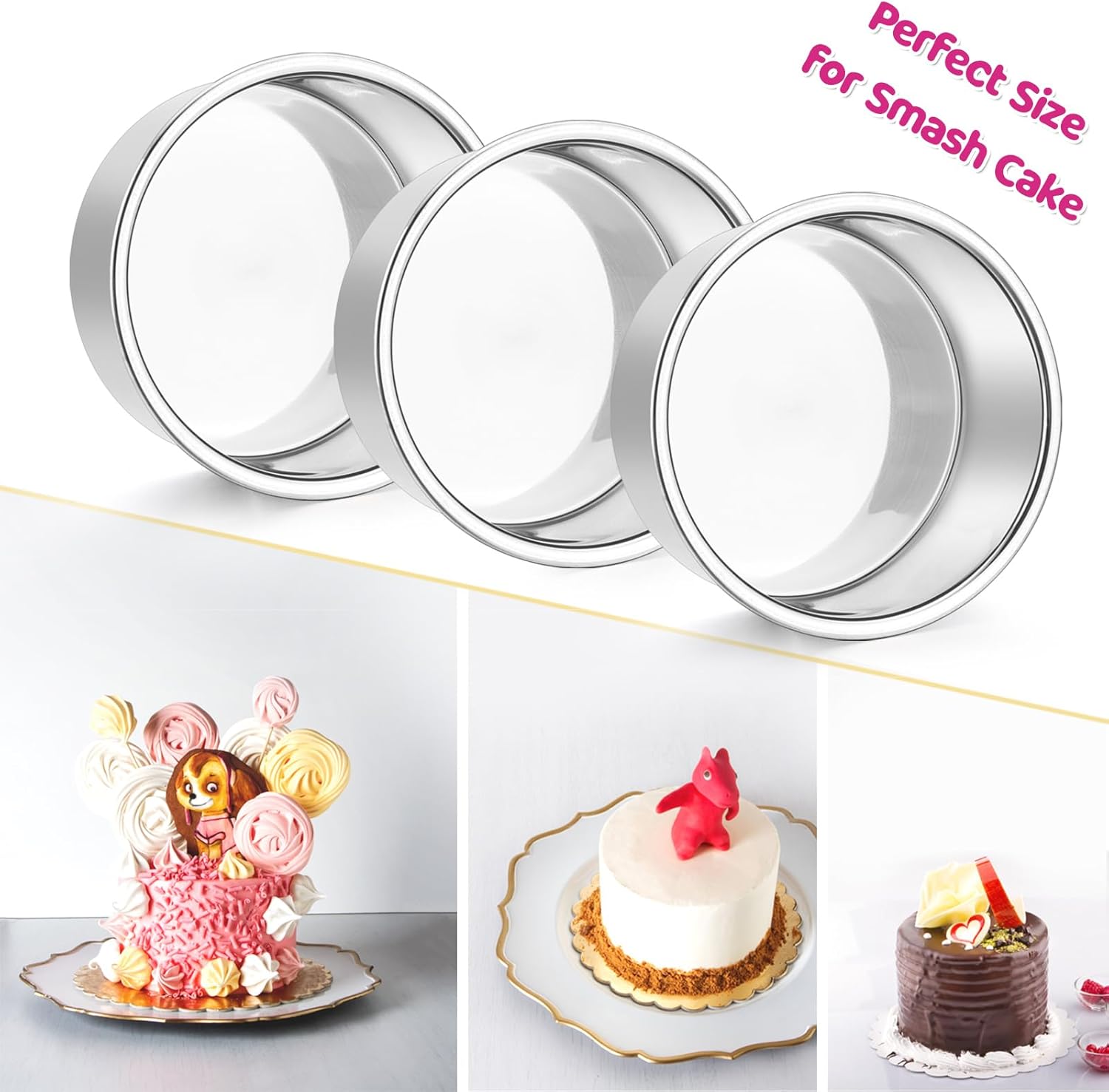 4 Inch Small Cake Pan Set of 3, Stainless Steel Mini Round Smash Cake Baking Pans, Non-Toxic & Healthy, Mirror Finish & Dishwasher Safe