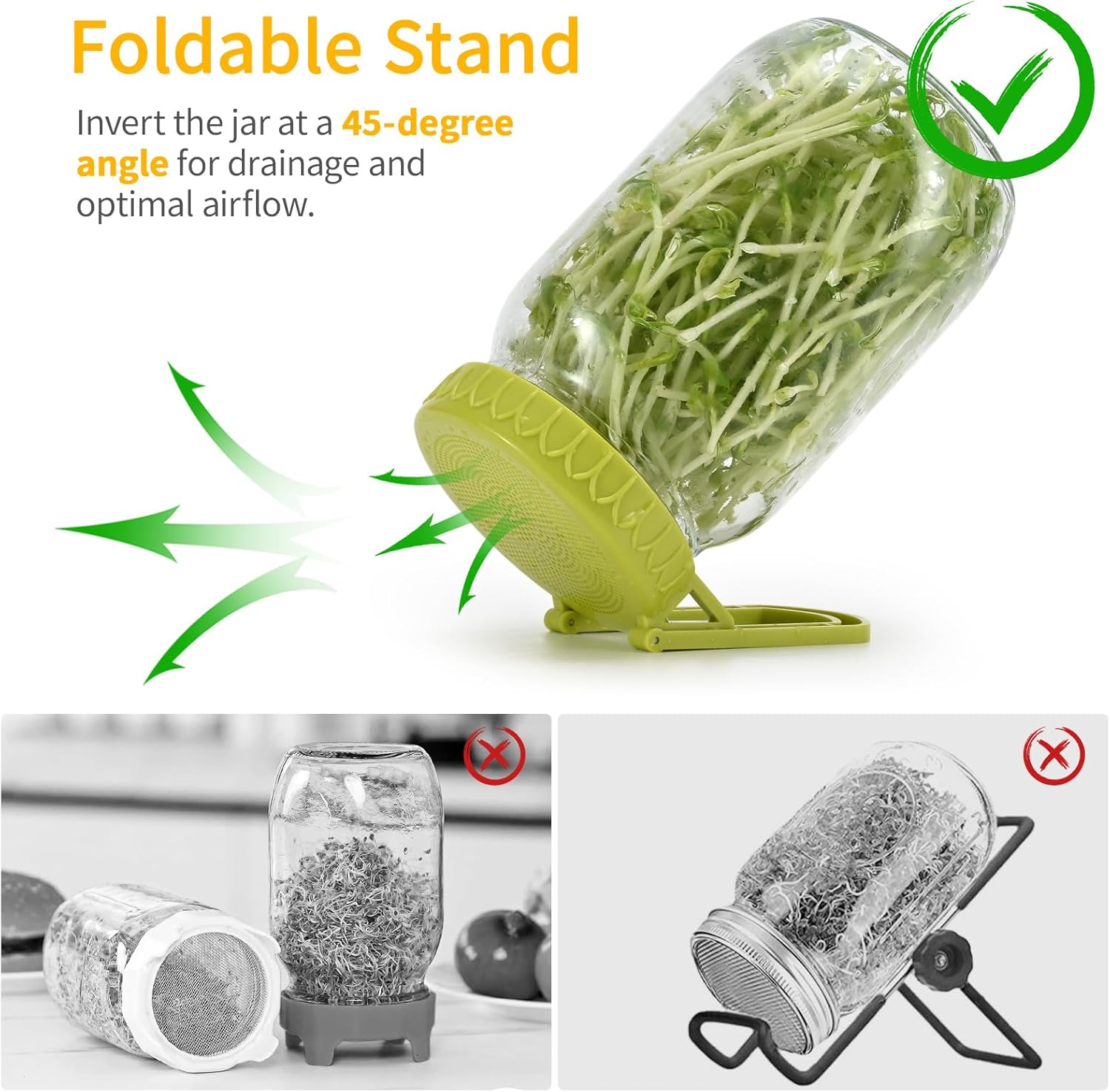 Sprouting Kit for Wide Mouth Mason Jars, 2-Pack BPA-Free One-Piece Sprouting Lids with Built-In Stand, Seed Germination Jar Sprouter Lid, Fits Wide Mouth Jars 3.38"/86mm