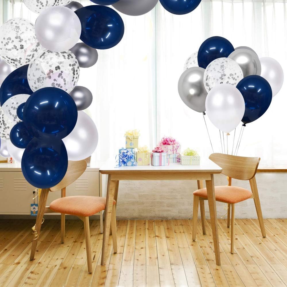 Navy Blue and Silver Confetti Balloons 50 pcs, 12 inch White Pearl and Silver Metallic Chrome Party Balloons for 2026 Graduation Party Decorations