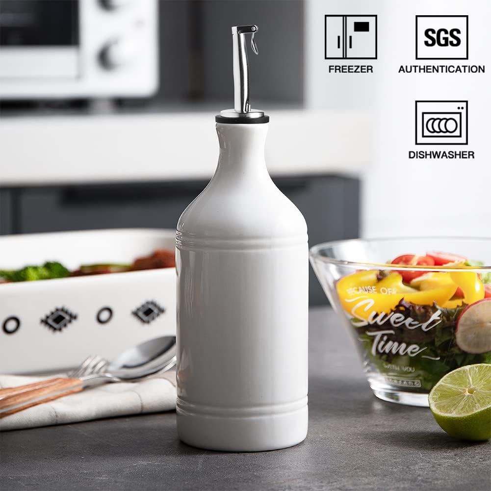 Ceramic Olive Oil Dispenser Bottle, Opaque Oil Cruet Protects Oil to Reduce Oxidation, Suitable for Storage Oil, Vinegar, Coffee Syrups & Other Liquids, Pack of 1, 15.5 Fl Oz White