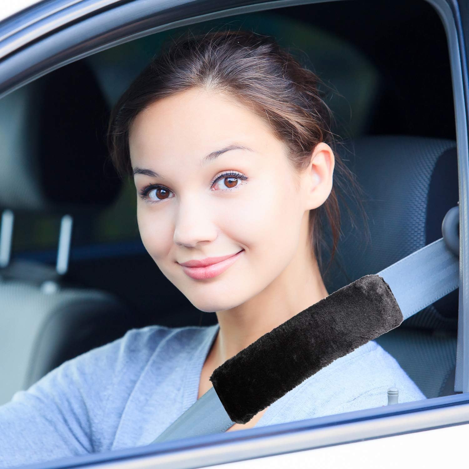 4 Pack Faux Sheepskin Car Seat Belt Pads Seatbelt Protector Soft Seat Belt Shoulder Strap Cover Comfort Harness Pad Black, 9.9 Inch