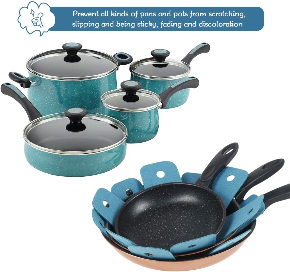 Pot Pan Protectors, Set of 12 and 4 Different Sizes, Larger & Thicker Cyan Pan Protector Pads, Pan Pot Separator Pads for Stacking and Protecting Your Cookware