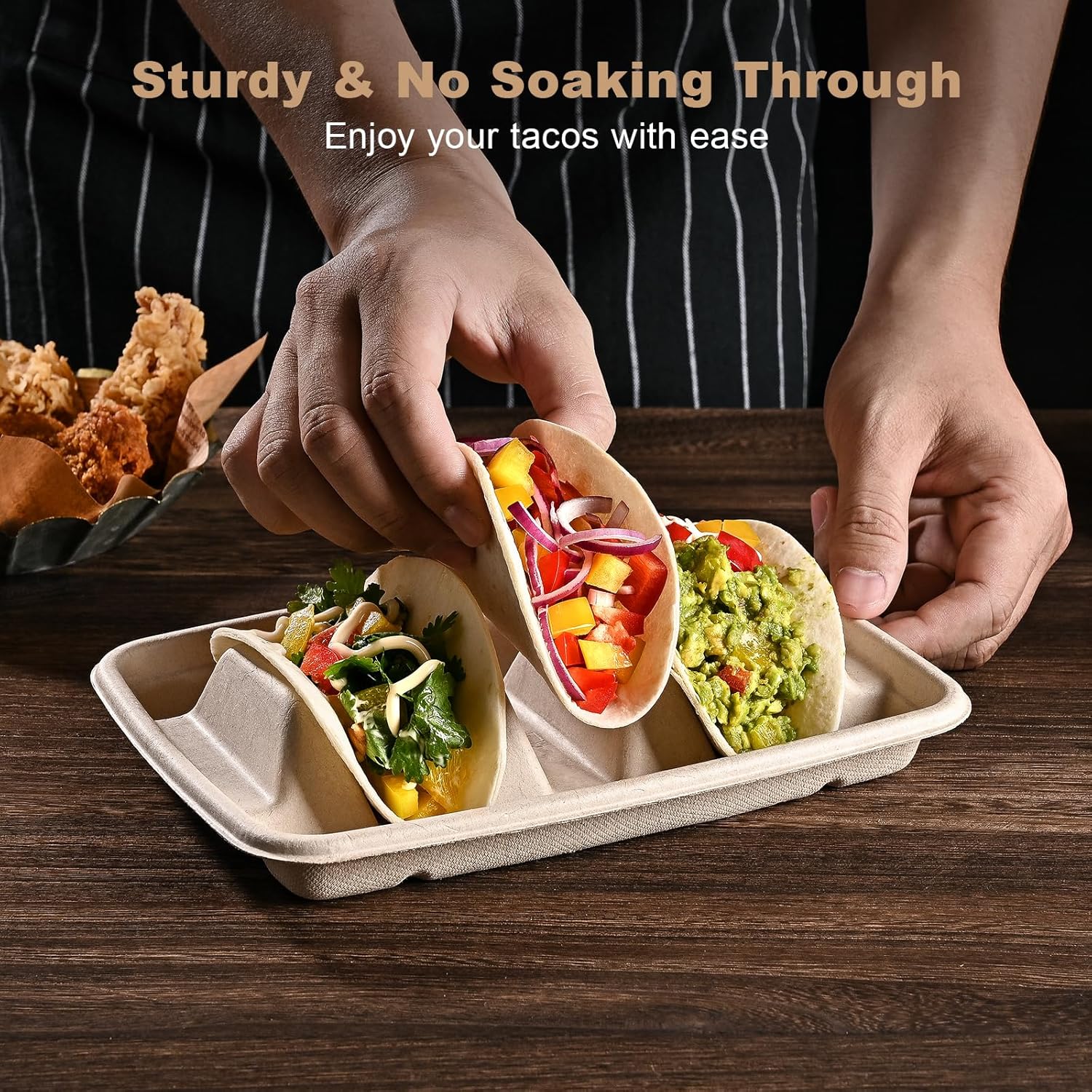 24PCS Disposable Taco Holders for Party, Premium Paper Taco Plates with 3 Dividers, Fiesta Tacos Holder Tray for Taco Tuesday Bar Serving Set, Decorations Supplies