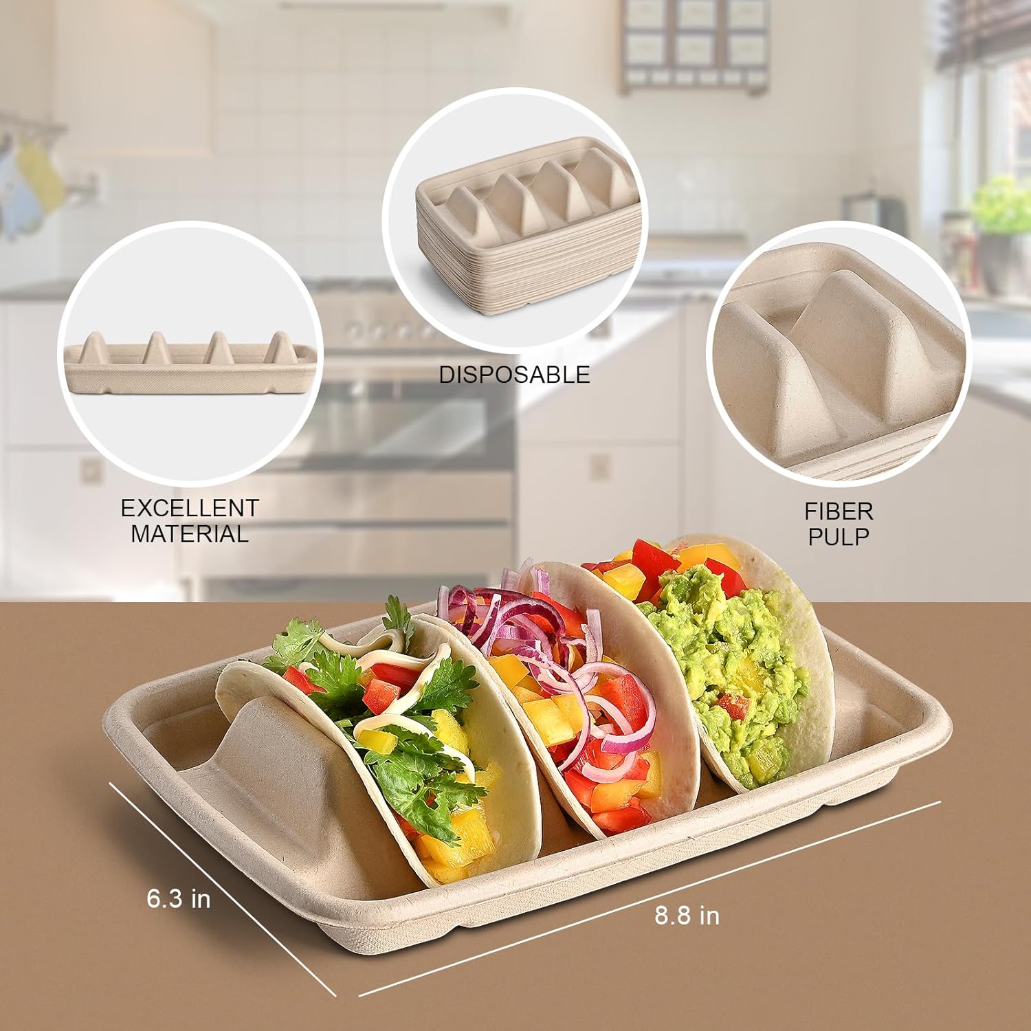 24PCS Disposable Taco Holders for Party, Premium Paper Taco Plates with 3 Dividers, Fiesta Tacos Holder Tray for Taco Tuesday Bar Serving Set, Decorations Supplies