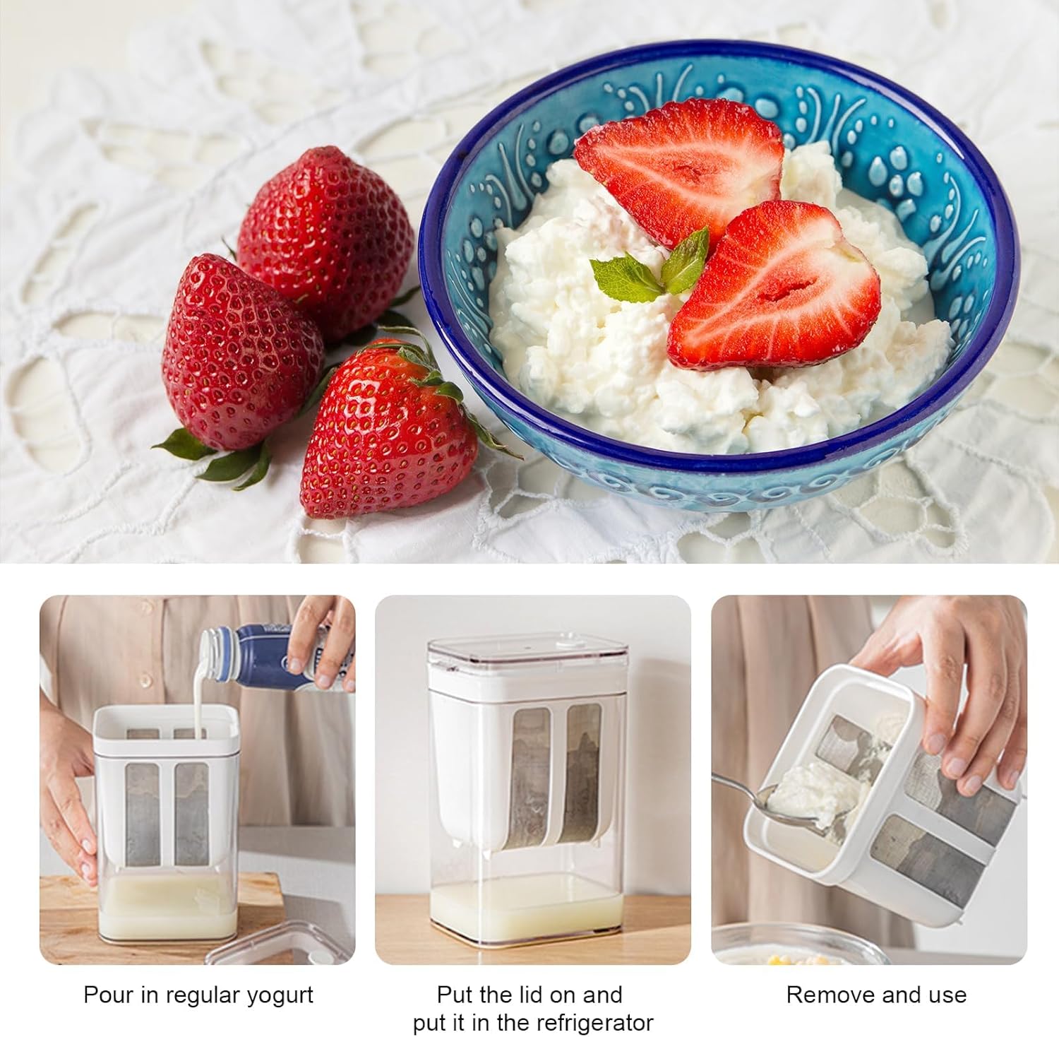 Greek Yogurt Strainer, 1100ml Multi Yoghurt Maker Strainer with Fine Mesh Bag & Lid for Thick Greek Yogurt, Soybean Milk, Kefir, Berries, Soup, Fruit Juice, Coffee