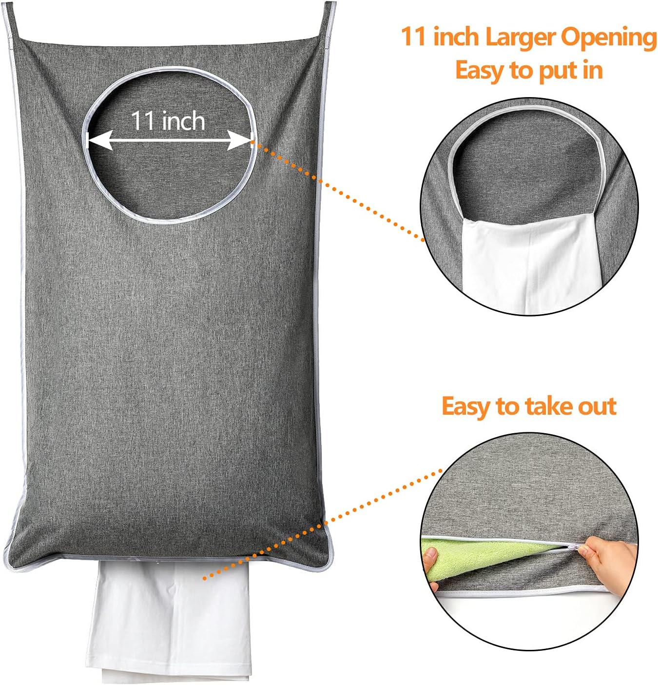 XL Hanging Laundry Hamper, Extra Large Tear-resistance Door Hamper with 2 Types Hooks for Dirty Clothes, Save Bathroom Space Hanging Laundry Bag 36.5x 22 Inch,Grey