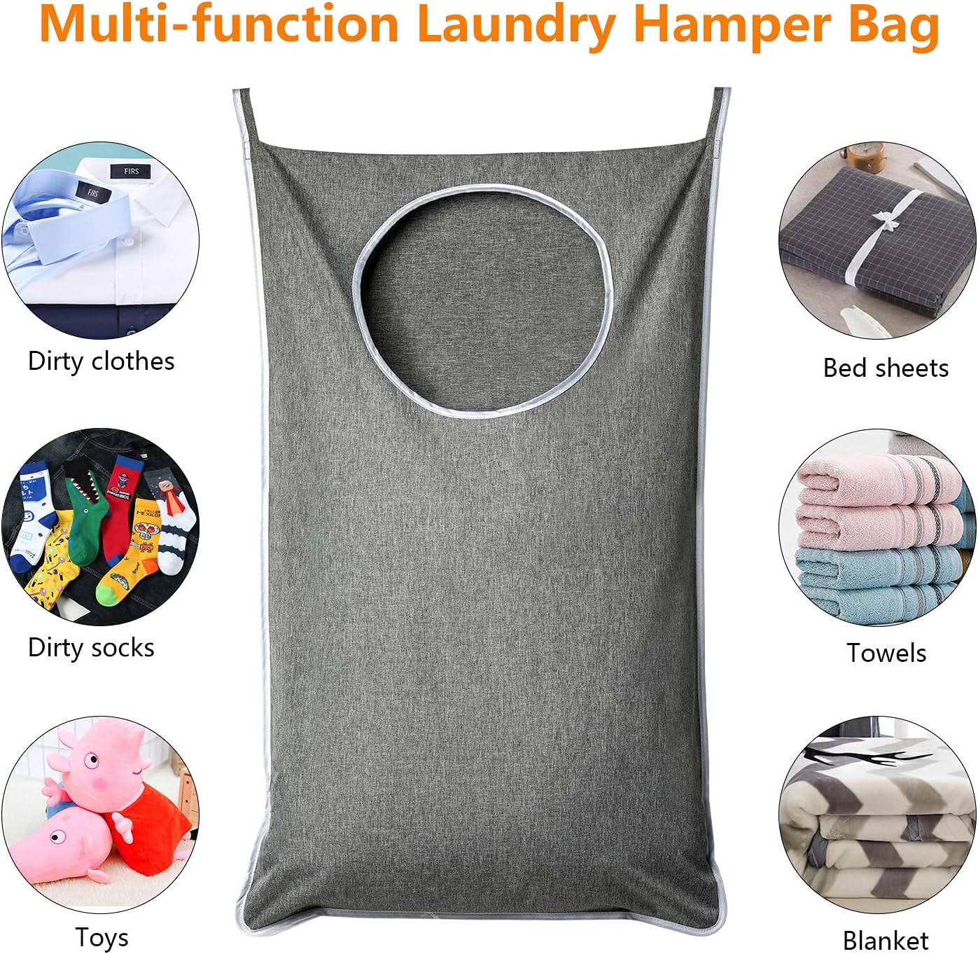 XL Hanging Laundry Hamper, Extra Large Tear-resistance Door Hamper with 2 Types Hooks for Dirty Clothes, Save Bathroom Space Hanging Laundry Bag 36.5x 22 Inch,Grey