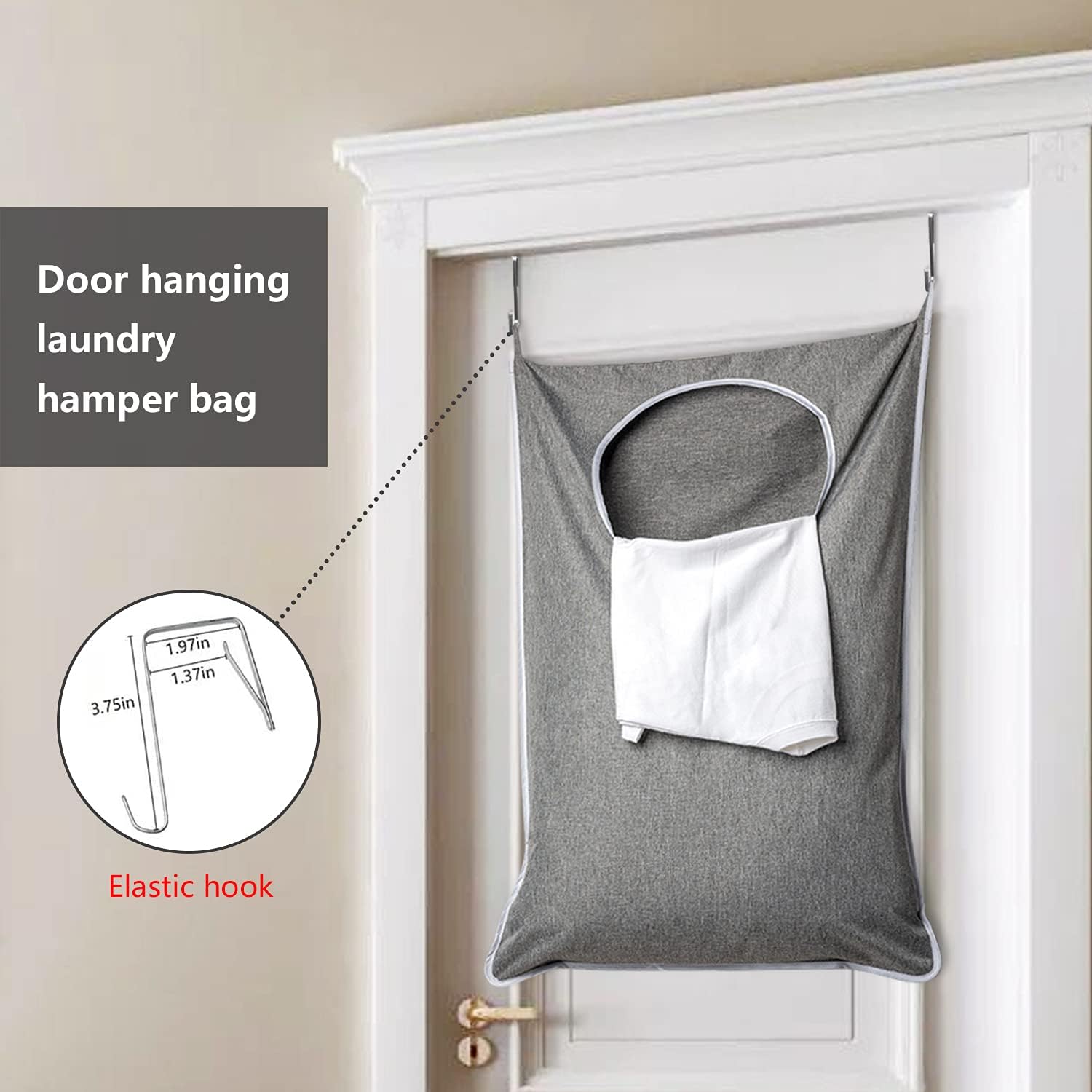 XL Hanging Laundry Hamper, Extra Large Tear-resistance Door Hamper with 2 Types Hooks for Dirty Clothes, Save Bathroom Space Hanging Laundry Bag 36.5x 22 Inch,Grey