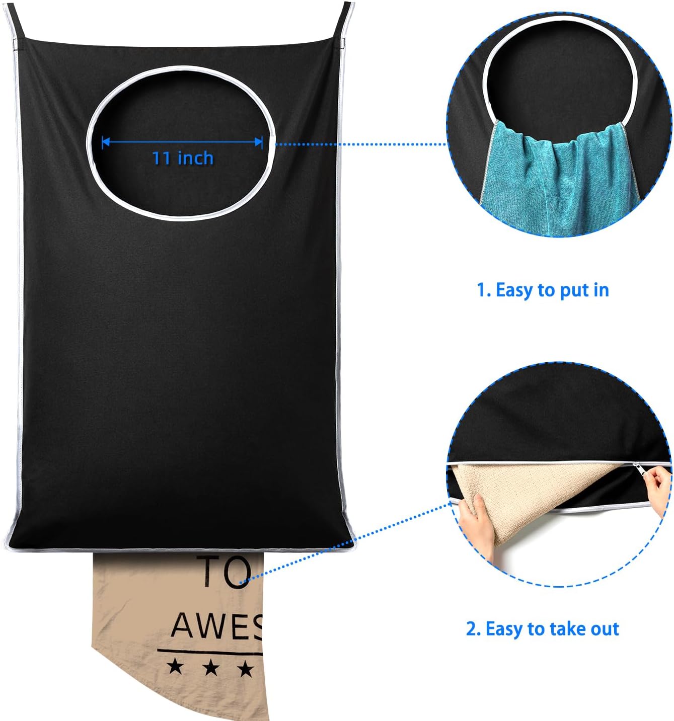 2 Pack XL Hanging Laundry Hamper, Extra Large Tear-Resistant Door Organizer with 2 Hook Types, Space-Saving Laundry Bag 36.5" x 22", Black