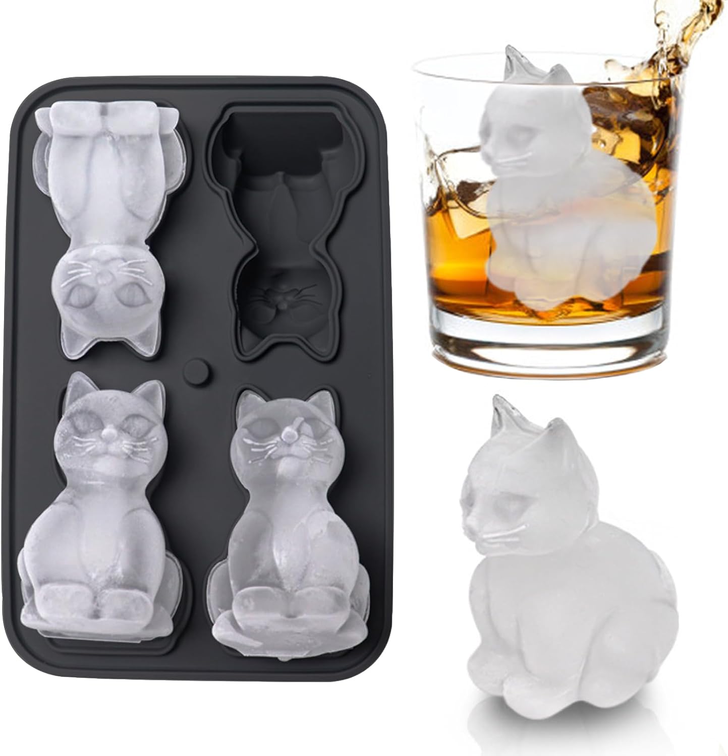 3D Cat Ice Cube Mold, Ice Cube Tray with Funnel with Funnel for Cocktails, Bourbon,Brandy, Whiskey Gifts for Men, Silicone Fun Shapes Black Cute CAT