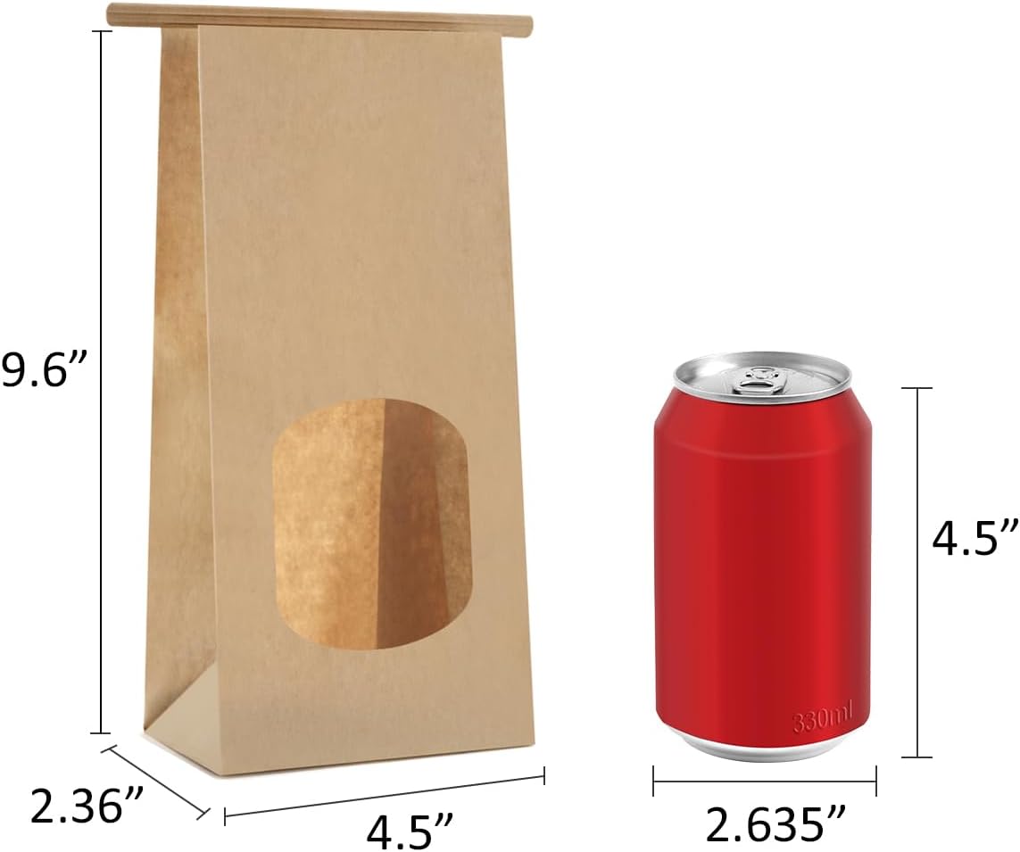 Bakery Bags with Window 100pcs 4.5x2.36x9.6 Inches Window Tin Tie Tab Lock Kraft Brown Paper Bags for Coffee Bean, Cookies, Treat, Snack