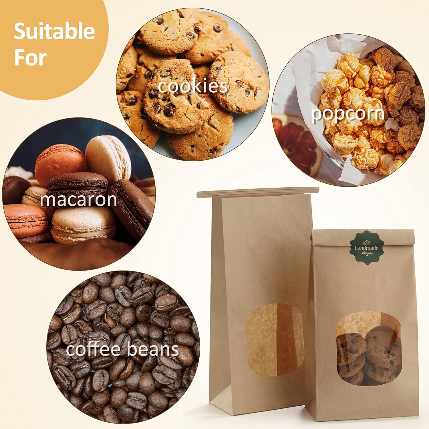 Bakery Bags with Window 100pcs 4.5x2.36x9.6 Inches Window Tin Tie Tab Lock Kraft Brown Paper Bags for Coffee Bean, Cookies, Treat, Snack