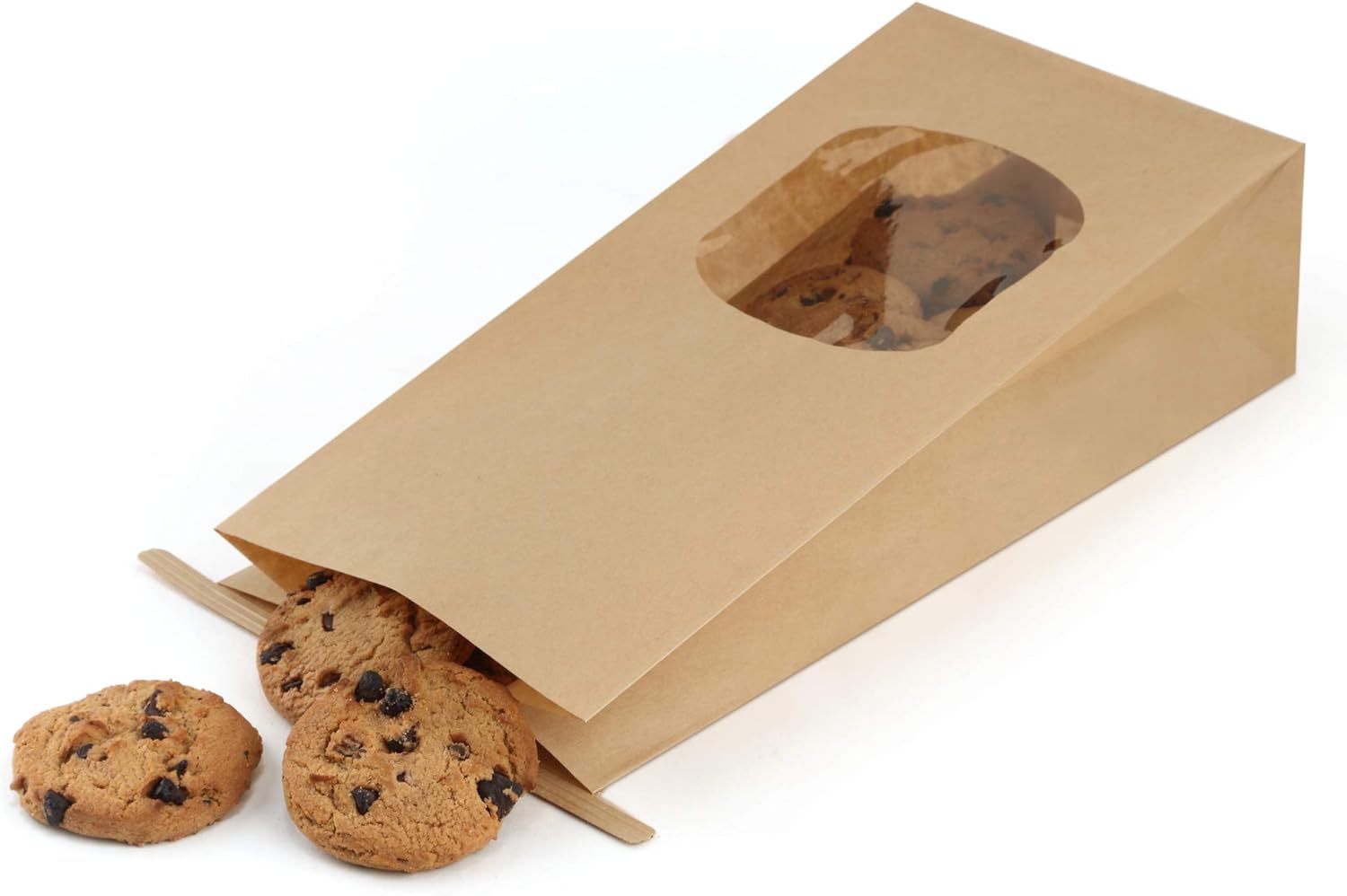 Bakery Bags with Window 100pcs 4.5x2.36x9.6 Inches Window Tin Tie Tab Lock Kraft Brown Paper Bags for Coffee Bean, Cookies, Treat, Snack