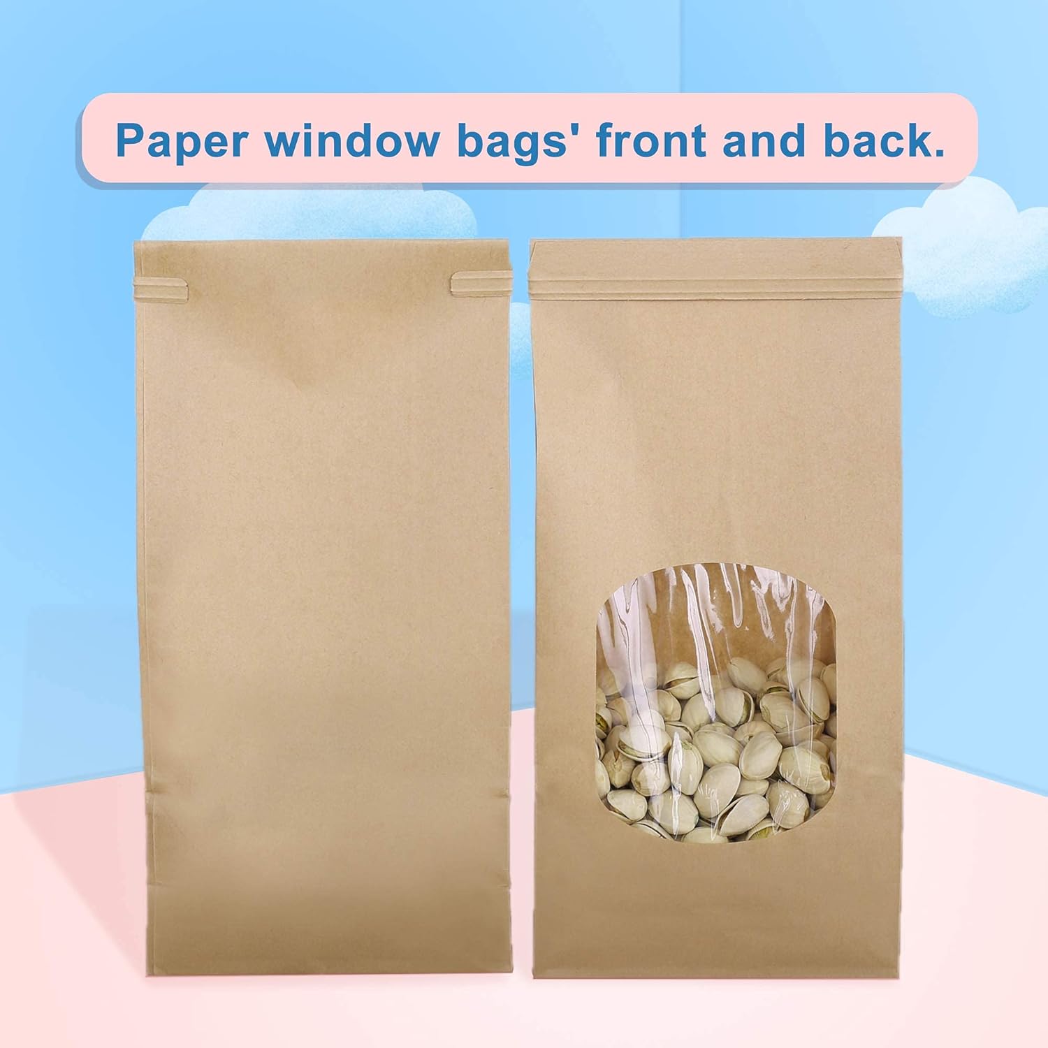 Bakery Bags with Window 100pcs 4.5x2.36x9.6 Inches Window Tin Tie Tab Lock Kraft Brown Paper Bags for Coffee Bean, Cookies, Treat, Snack