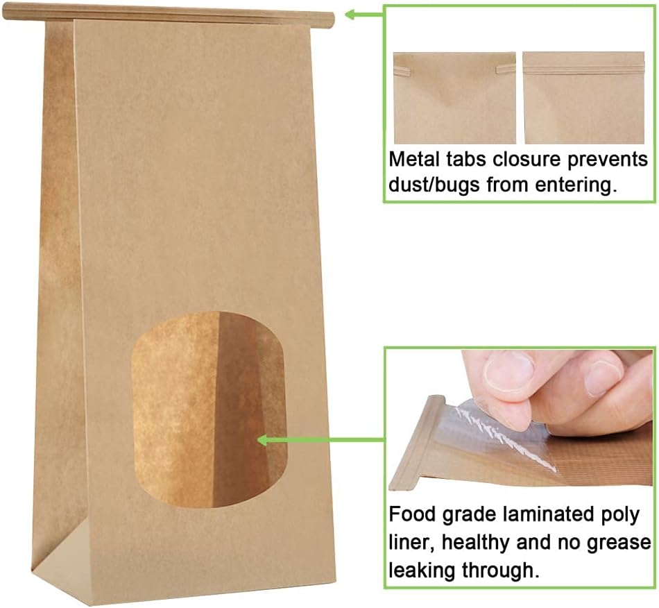 Bakery Bags with Window 100pcs 4.5x2.36x9.6 Inches Window Tin Tie Tab Lock Kraft Brown Paper Bags for Coffee Bean, Cookies, Treat, Snack