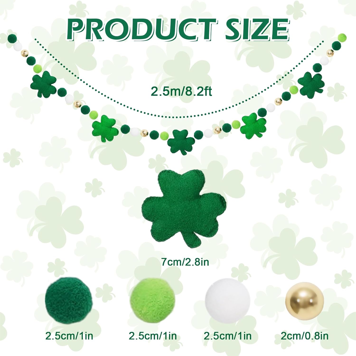 8.2 Ft St. Patrick's Day Felt Banner 3D Lucky Shamrock Clover with Gold Bead Hanging Garland Green White Pom Ball Banner for Irish Holiday Home Wall Fireplace Decor