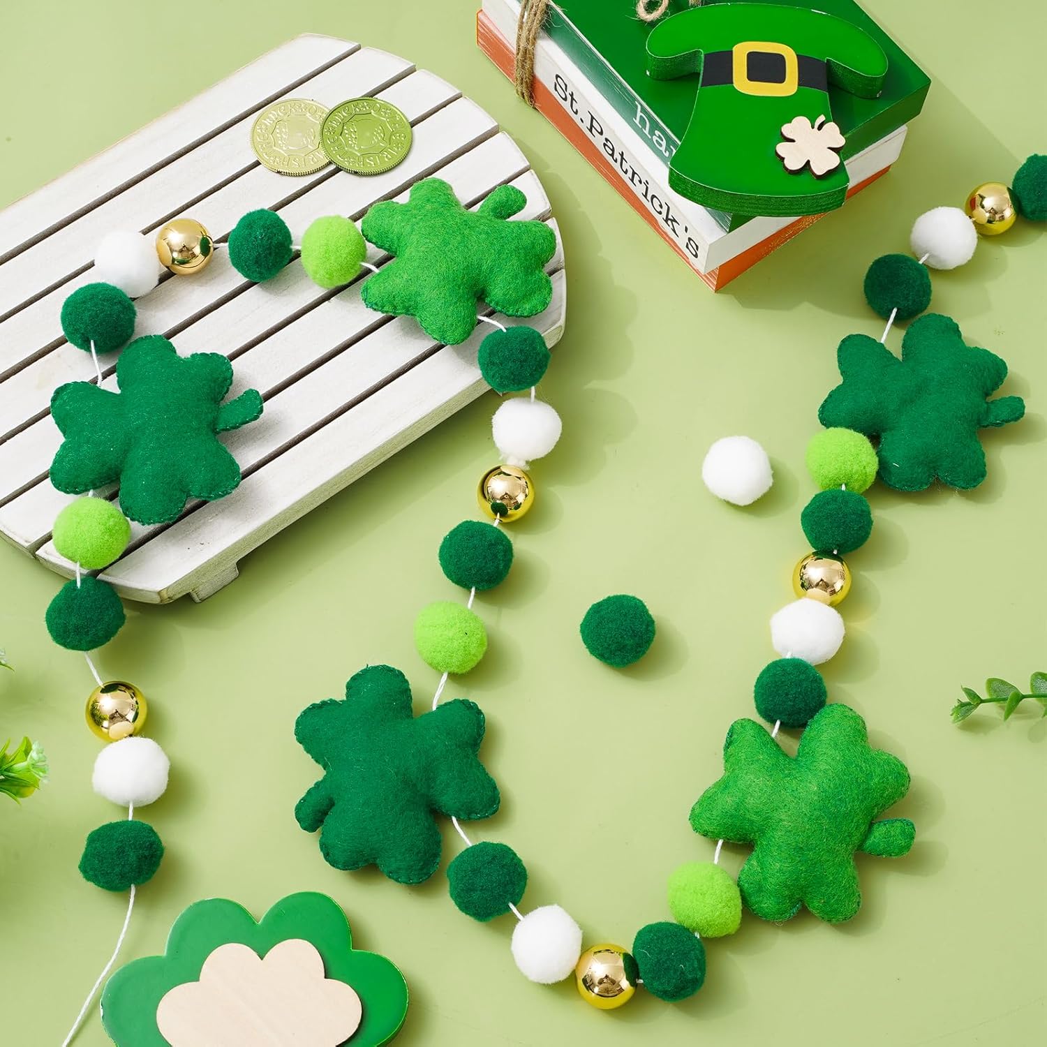8.2 Ft St. Patrick's Day Felt Banner 3D Lucky Shamrock Clover with Gold Bead Hanging Garland Green White Pom Ball Banner for Irish Holiday Home Wall Fireplace Decor