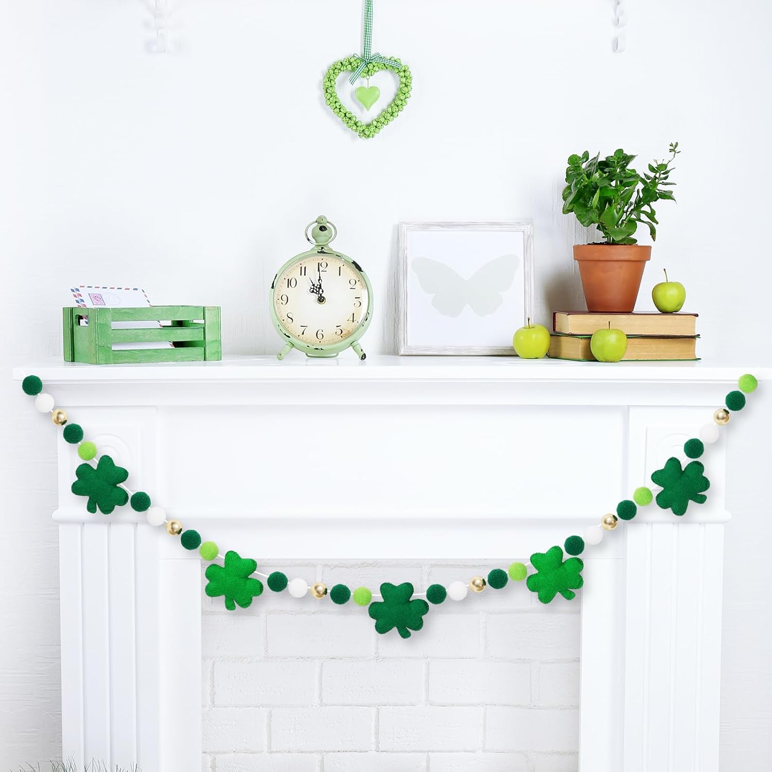 8.2 Ft St. Patrick's Day Felt Banner 3D Lucky Shamrock Clover with Gold Bead Hanging Garland Green White Pom Ball Banner for Irish Holiday Home Wall Fireplace Decor