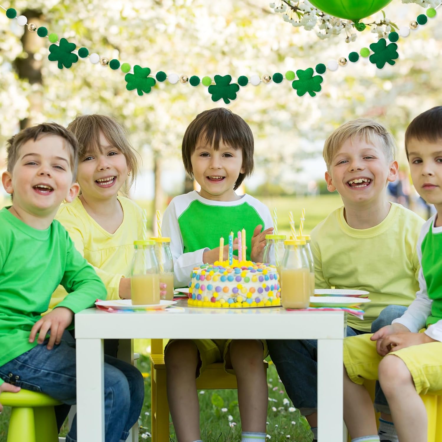 8.2 Ft St. Patrick's Day Felt Banner 3D Lucky Shamrock Clover with Gold Bead Hanging Garland Green White Pom Ball Banner for Irish Holiday Home Wall Fireplace Decor