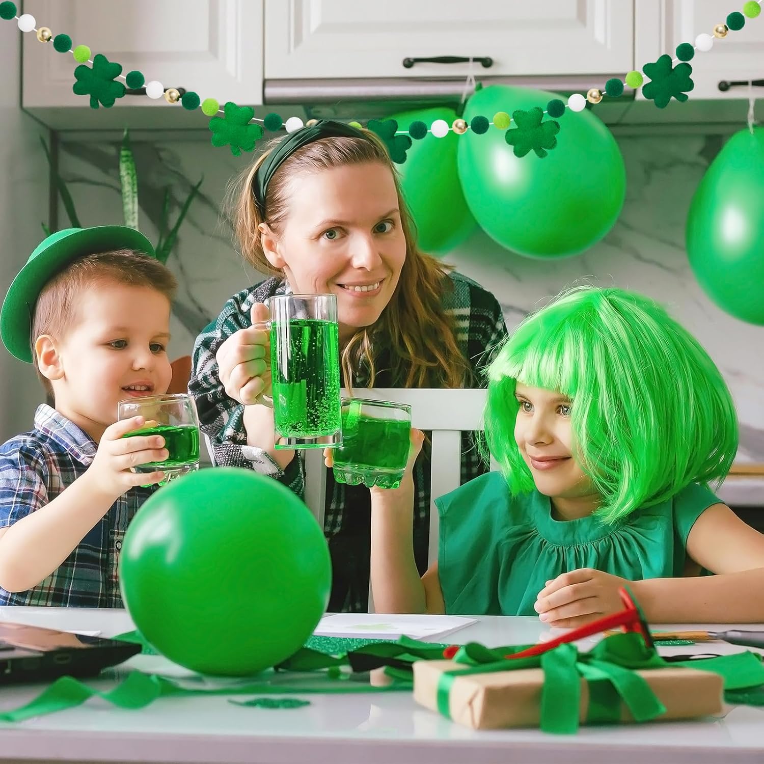 8.2 Ft St. Patrick's Day Felt Banner 3D Lucky Shamrock Clover with Gold Bead Hanging Garland Green White Pom Ball Banner for Irish Holiday Home Wall Fireplace Decor