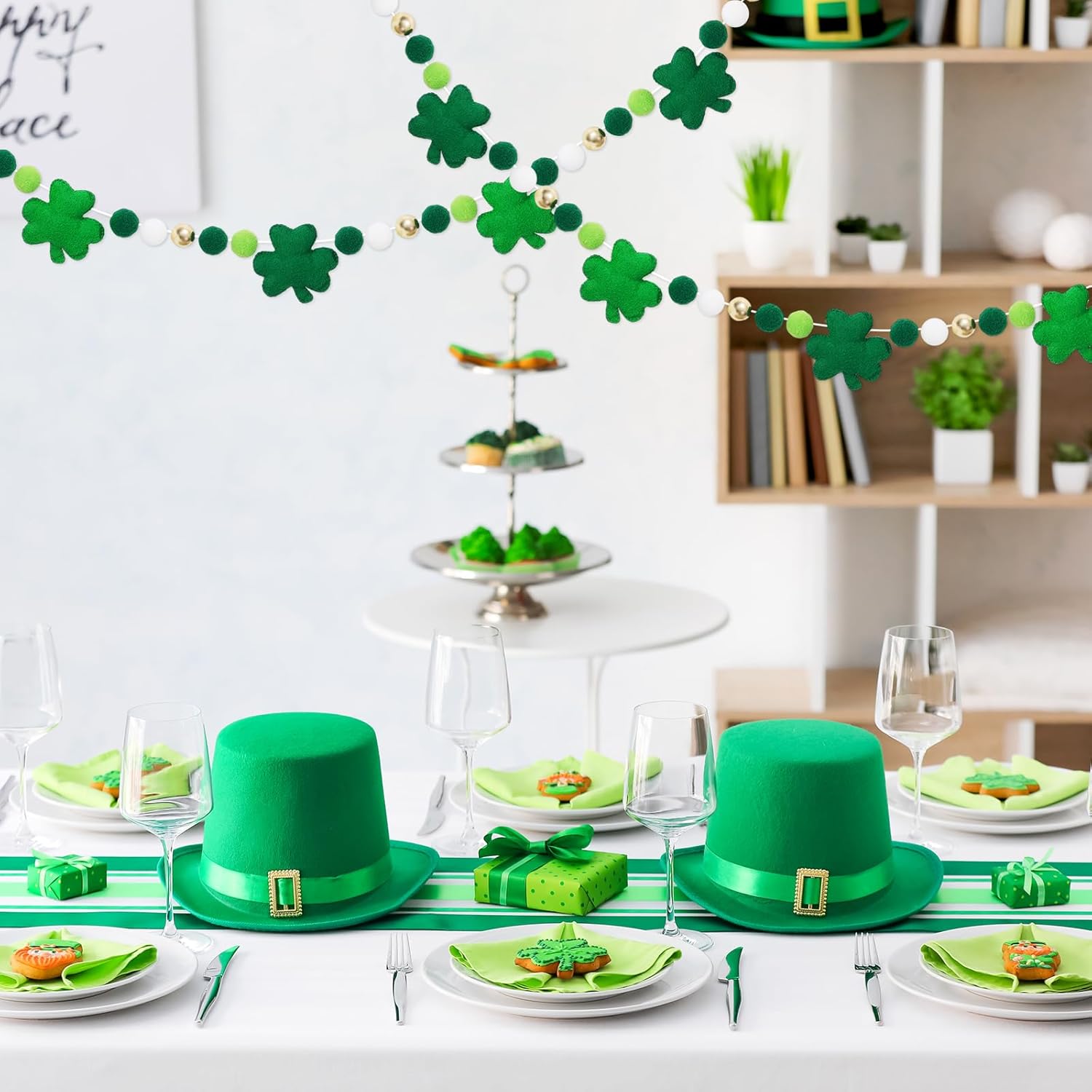 8.2 Ft St. Patrick's Day Felt Banner 3D Lucky Shamrock Clover with Gold Bead Hanging Garland Green White Pom Ball Banner for Irish Holiday Home Wall Fireplace Decor