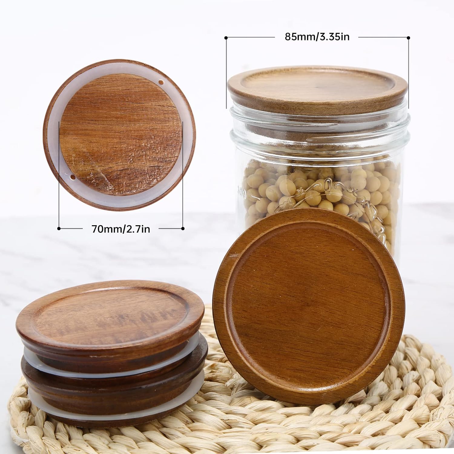 12 Pack Wide Mouth Mason Jar Lids, Reusable Canning Lids with Wooden and Silicone Seals - Perfect for Canning and Preserving in Mason Jars, Brown 12PCS Wide Lids