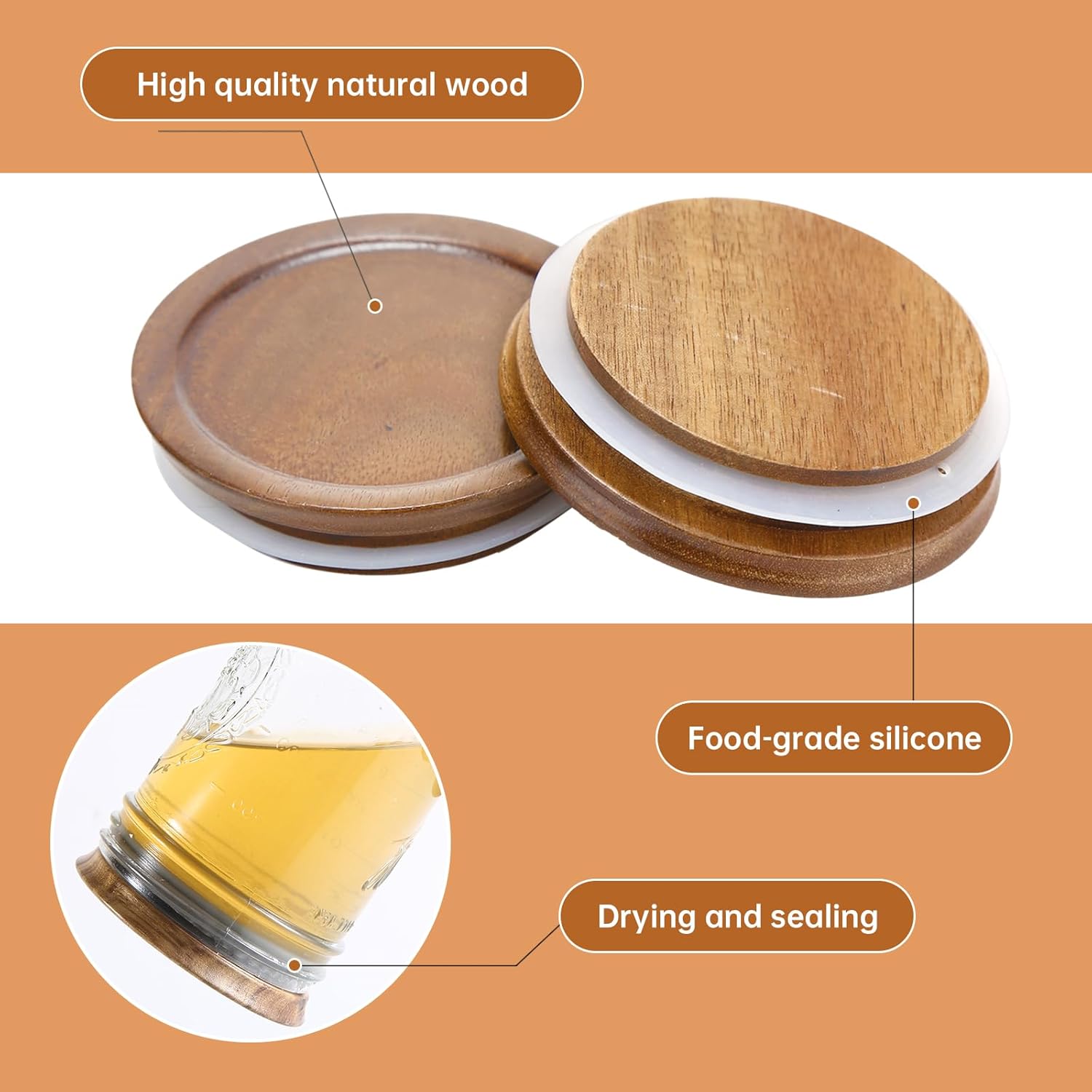 12 Pack Wide Mouth Mason Jar Lids, Reusable Canning Lids with Wooden and Silicone Seals - Perfect for Canning and Preserving in Mason Jars, Brown 12PCS Wide Lids