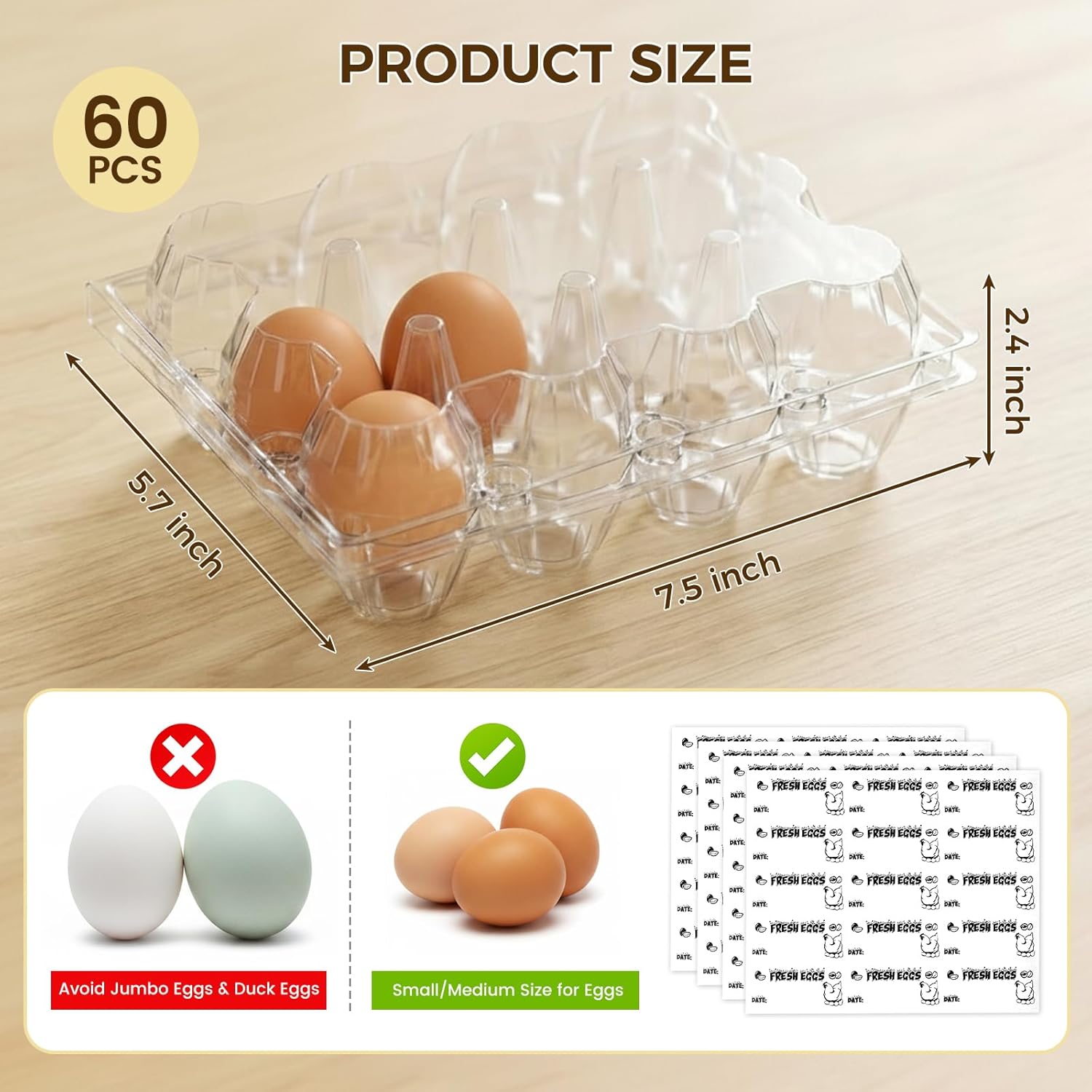 60 PCS 12 Count Plastic Egg Cartons, with 60PCS Date Labels, Clear Reusable Egg Containers Holds for Fresh Medium Eggs Storage, Suitable for Farms, Family, Markets Display