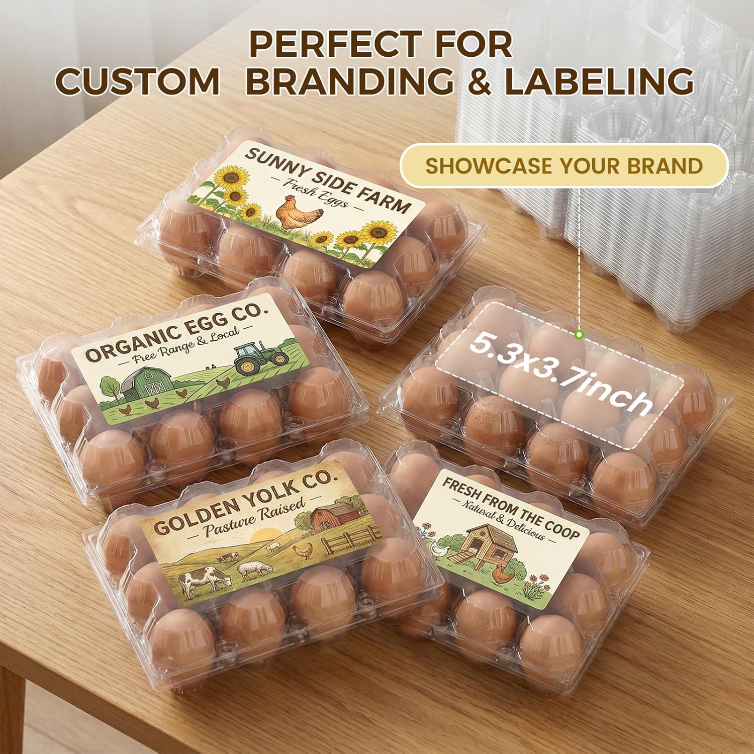 60 PCS 12 Count Plastic Egg Cartons, with 60PCS Date Labels, Clear Reusable Egg Containers Holds for Fresh Medium Eggs Storage, Suitable for Farms, Family, Markets Display