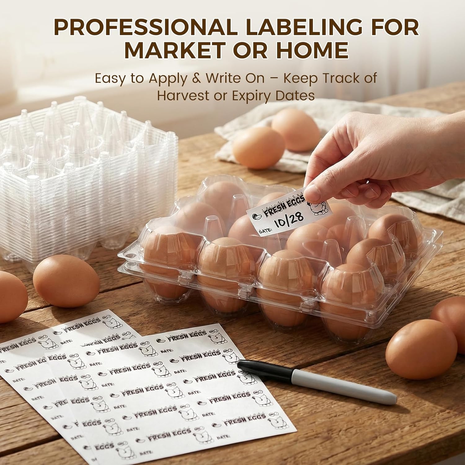 60 PCS 12 Count Plastic Egg Cartons, with 60PCS Date Labels, Clear Reusable Egg Containers Holds for Fresh Medium Eggs Storage, Suitable for Farms, Family, Markets Display